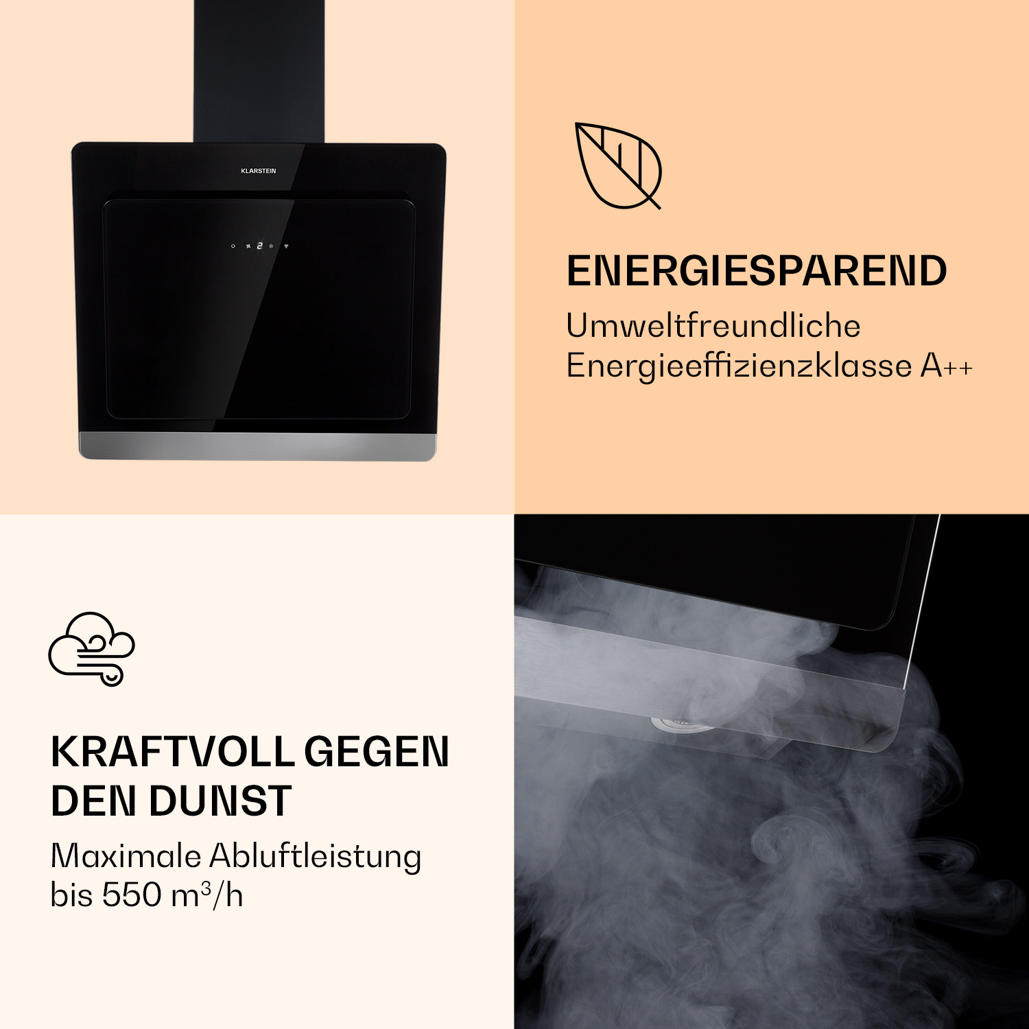 Eine schwarze Klarstein Dunstabzugshaube mit schlankem Design, mit Blattsymbol und Text auf Deutsch.