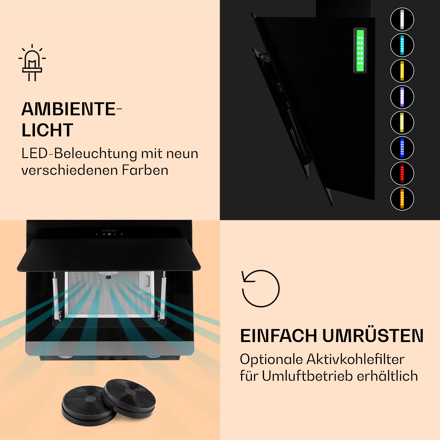 Schwarze Dunstabzugshaube mit LED-Beleuchtung in verschiedenen Farben und optionalem Aktivkohlefilter.