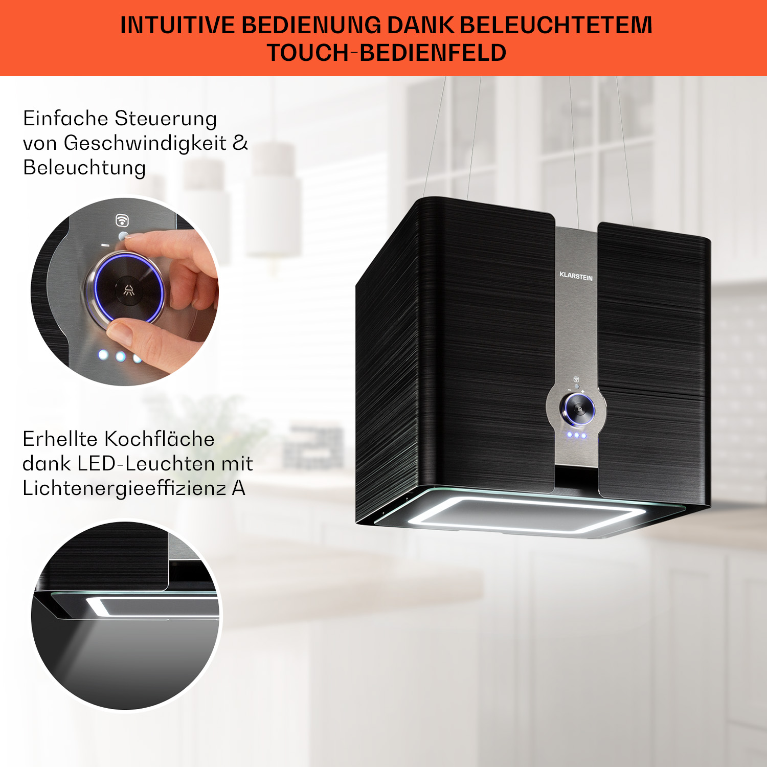 Cappa da cucina nera. Utente interagisce con pannello touch. Testo sulla cappa.