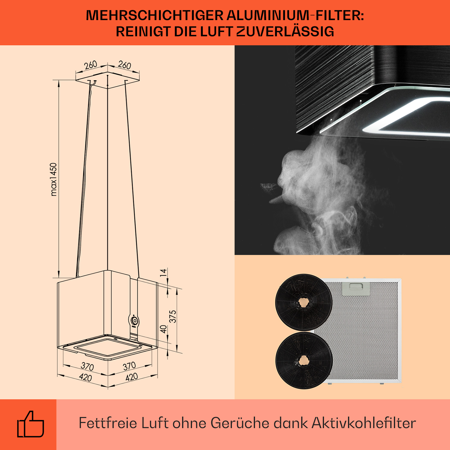 Disegno tecnico di una cappa da cucina con dimensioni. Include un diagramma e filtri a carbone attivo.