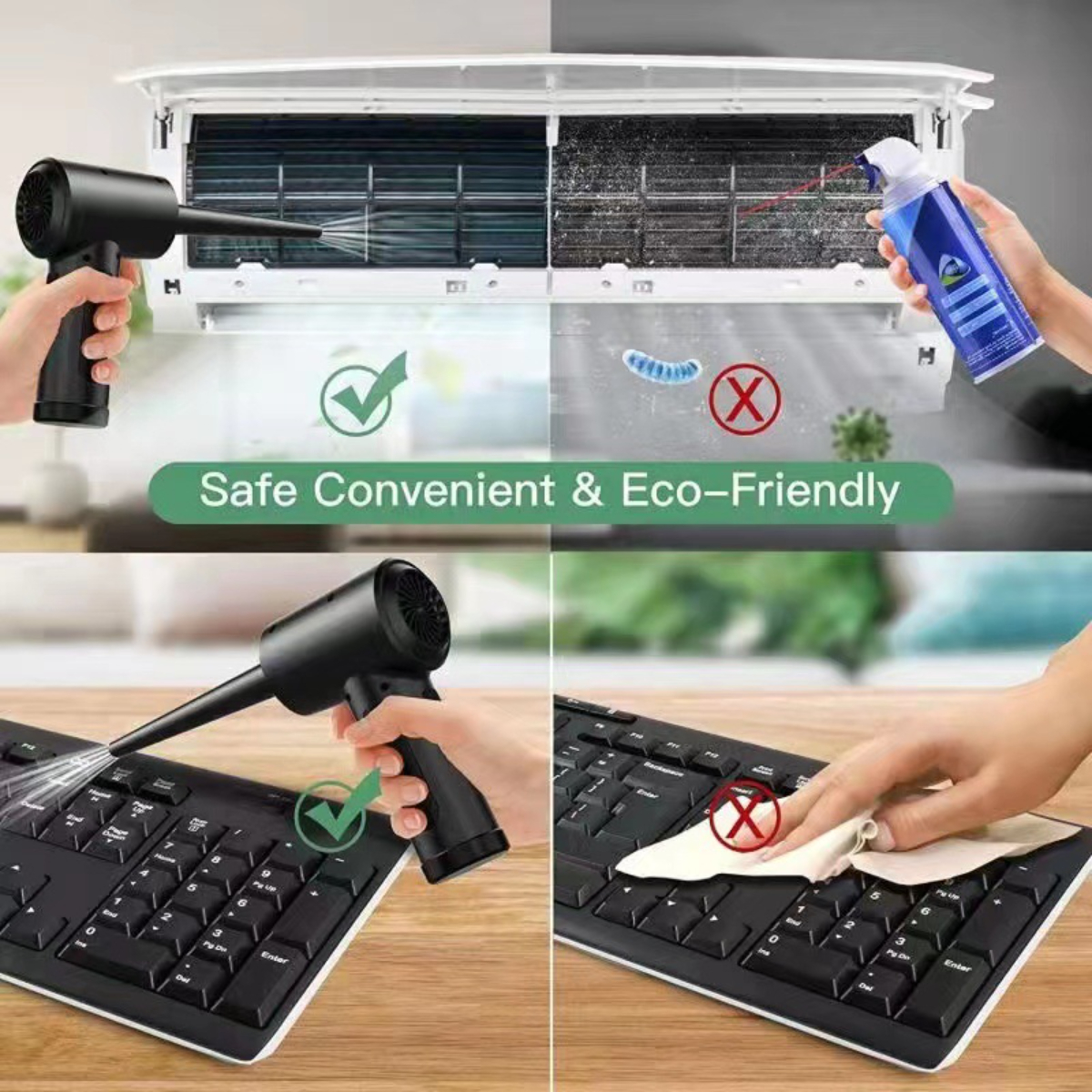 Eine Klimaanlage, die mit einem Gebläse und Spray gereinigt wird. Auch die Tastatur wird gezeigt.
