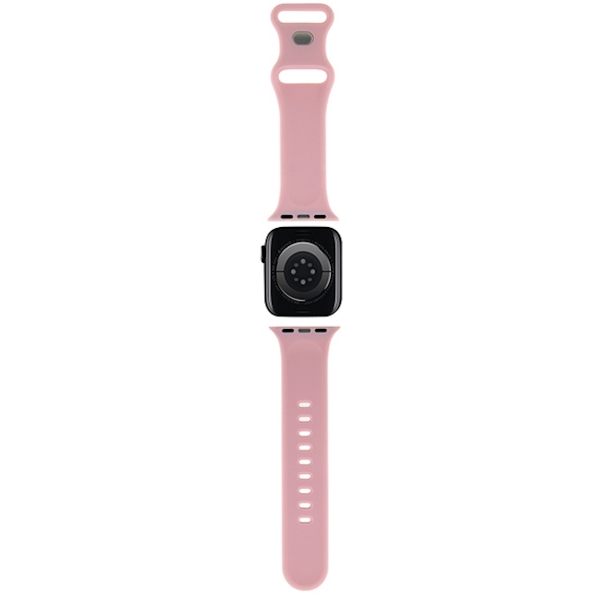Ein hellrosa Apple Watch-Armband mit schwarzem Zifferblatt, von oben betrachtet.