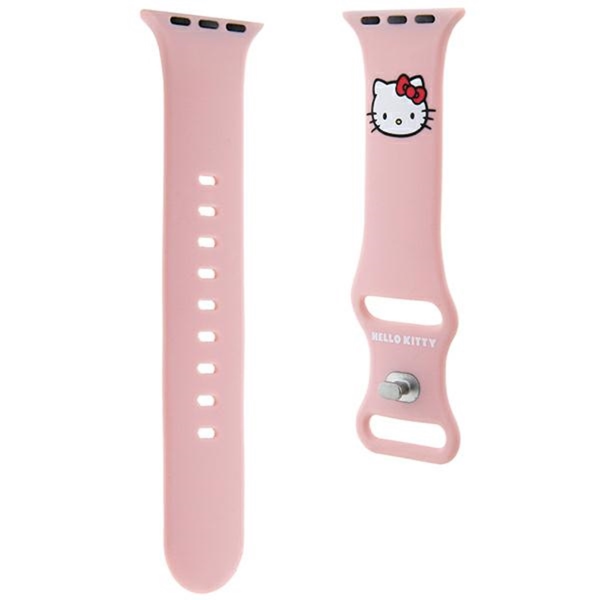 Zwei rosa Apple Watch-Armbänder. Eines mit dem Hello Kitty-Logo.