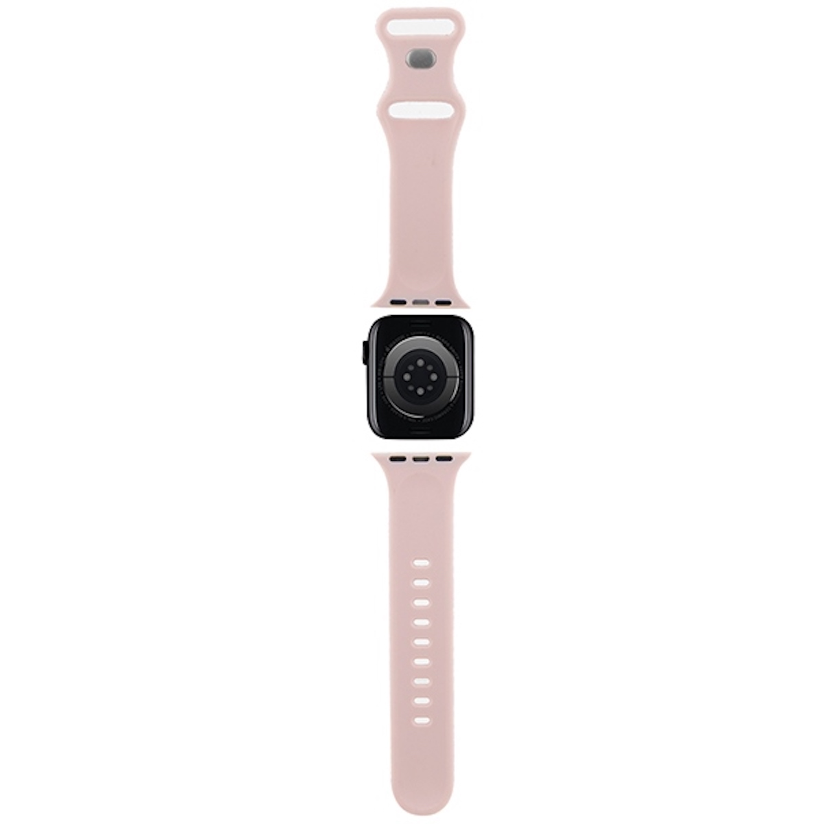 Eine rosa Smartwatch mit schwarzem Bildschirm. Das Armband ist abgenommen. Weißer Hintergrund.