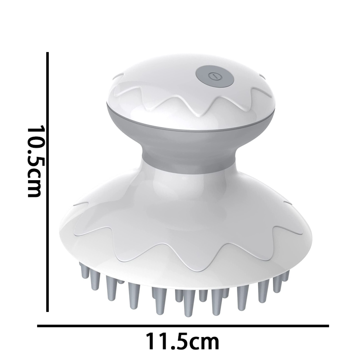Ein weißer Kopfmassagegerät mit grauen Akzenten. Die Abmessungen sind 10,5 cm x 11,5 cm.
