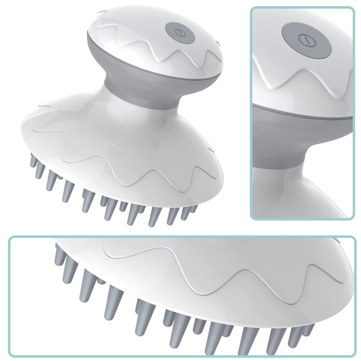 Ein weißes Kopfmassagegerät mit grauen Akzenten und einem wellenförmigen Design. Das Massagegerät hat graue Borsten.