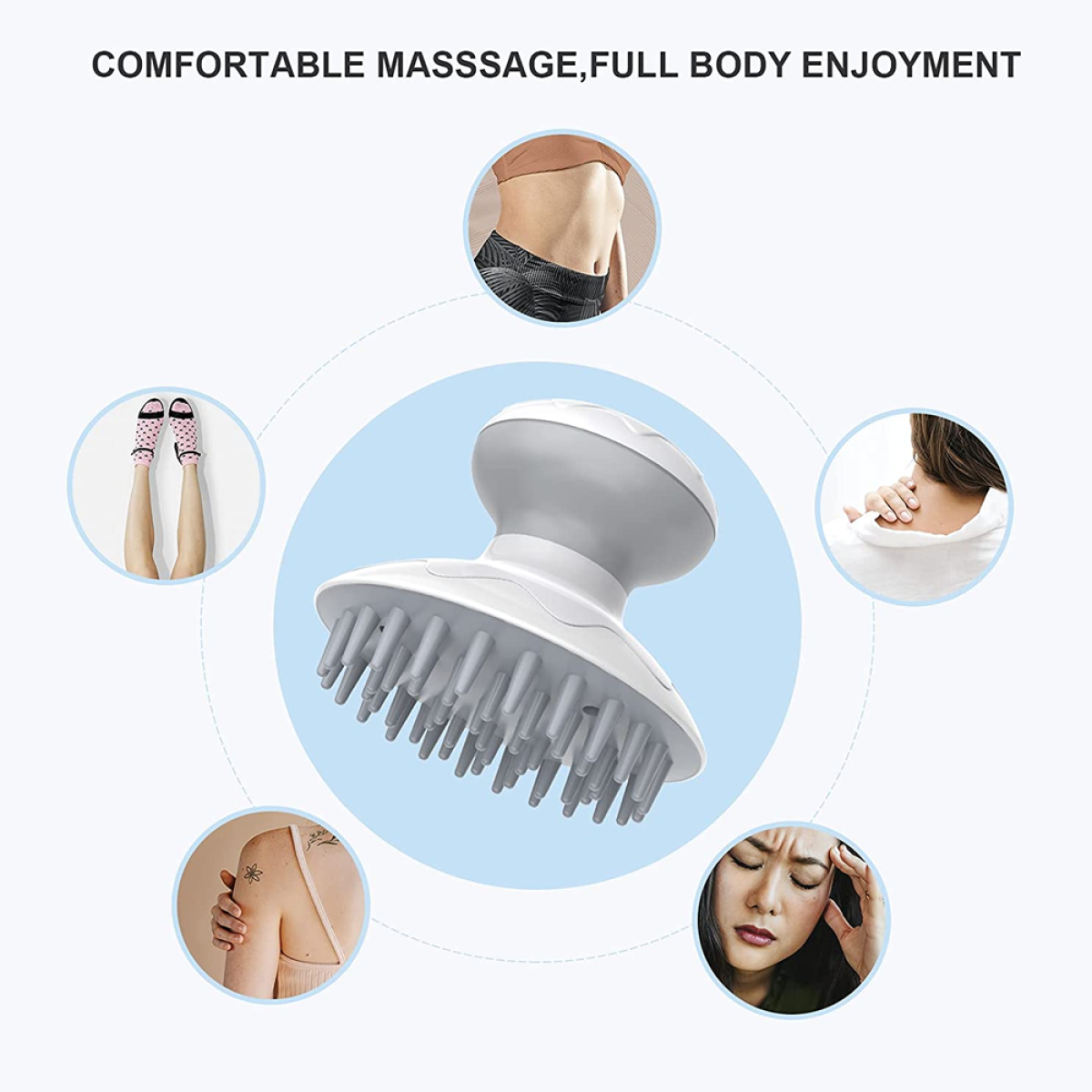 Ein Massagegerät, umgeben von Bildern der Körperbereiche, an denen es angewendet werden kann.