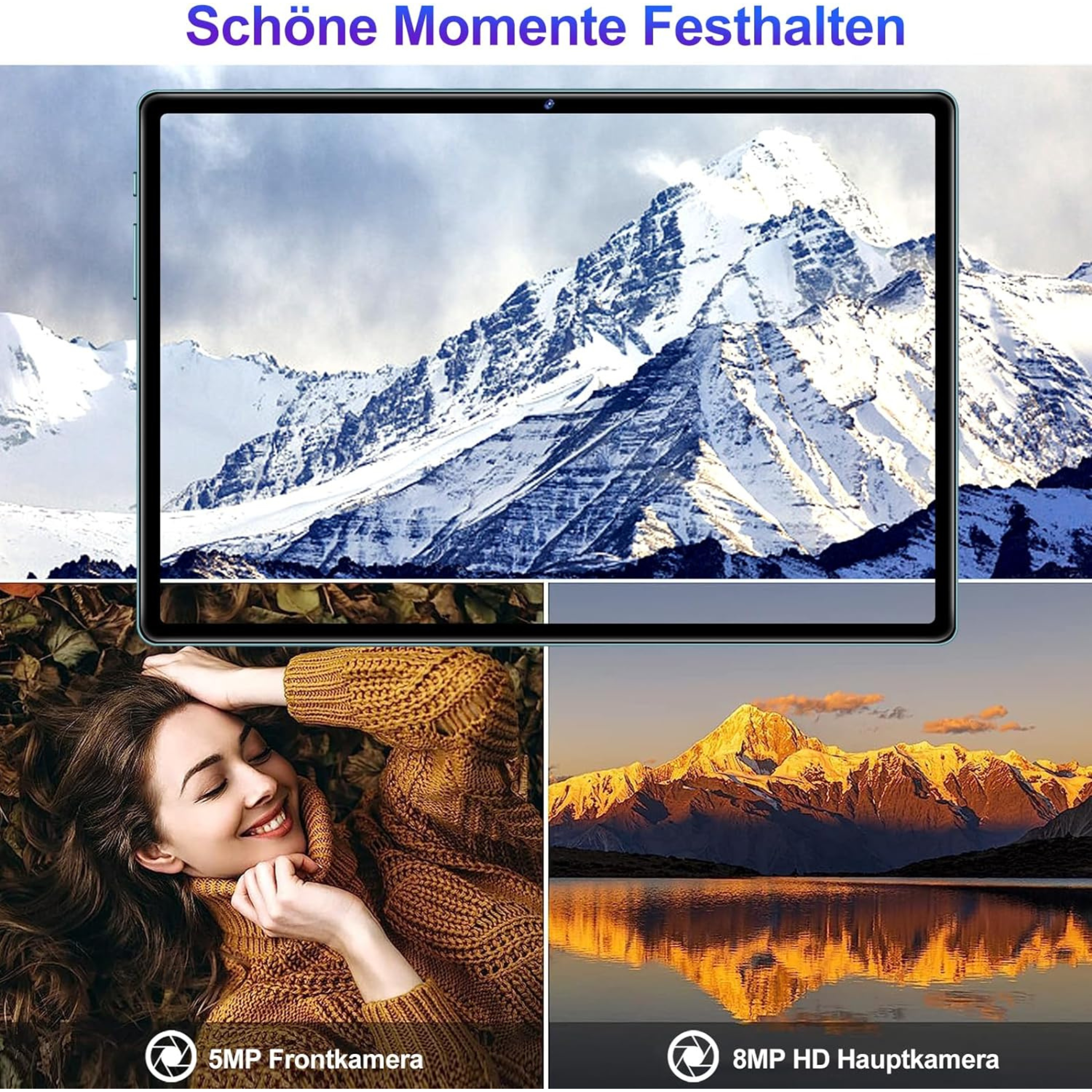 Tablet z krajobrazem górskim i kobietą z krajobrazami gór i jezior, z podpisami.