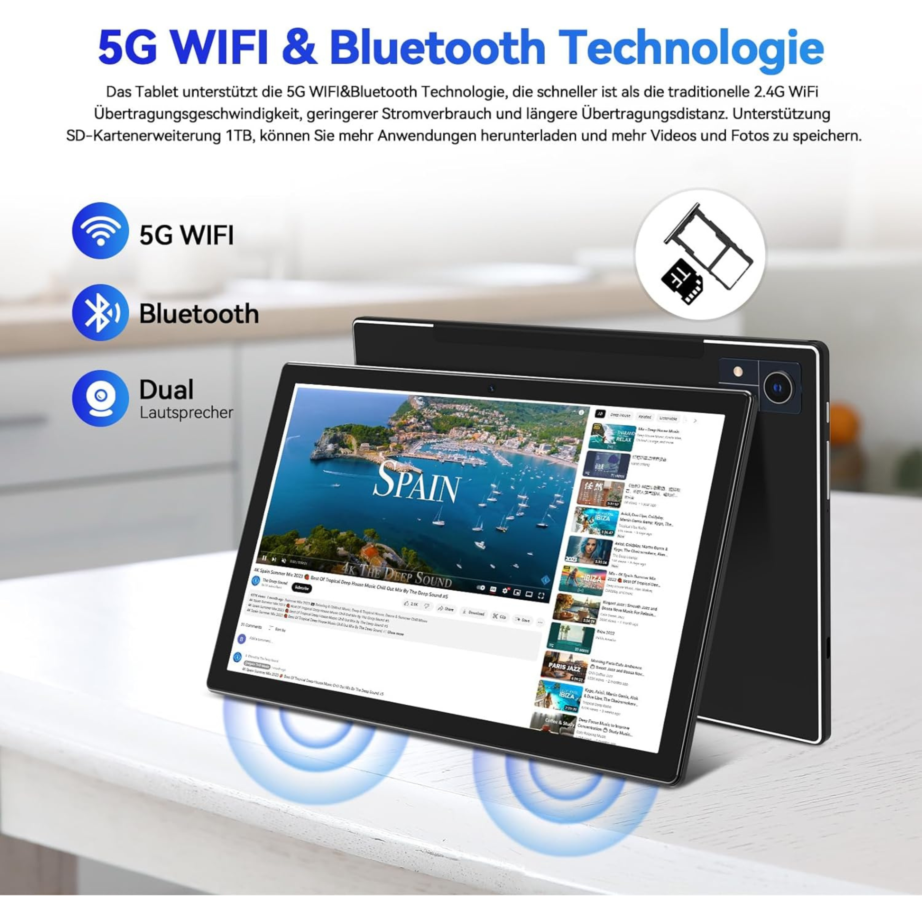 Tablety z ekranem wyświetlającym wideo z krajobrazem i tekstem o 5G i bluetooth.