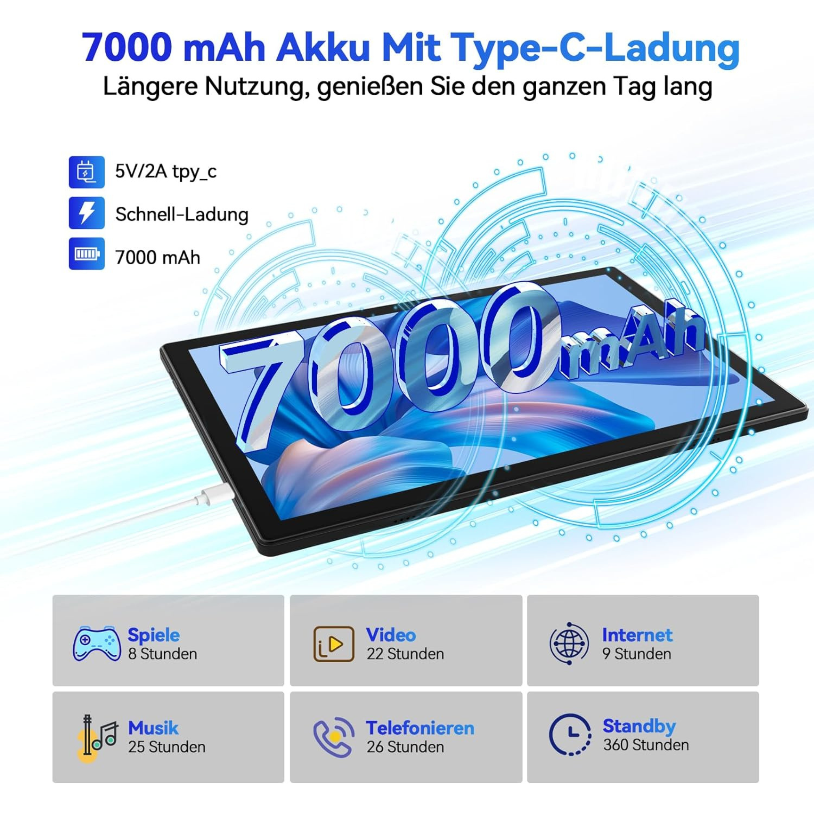 Czarny tablet z baterią 7000 mAh. Wyświetlacz pokazuje czasy użytkowania dla gier, filmów, muzyki i innych.