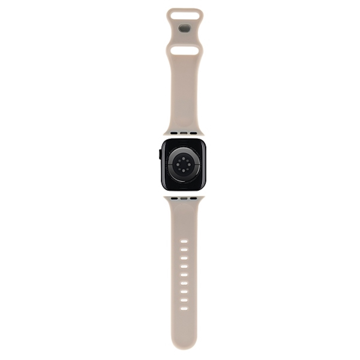 Beiges Uhrenarmband mit schwarzem Zifferblatt. Weißer Hintergrund.