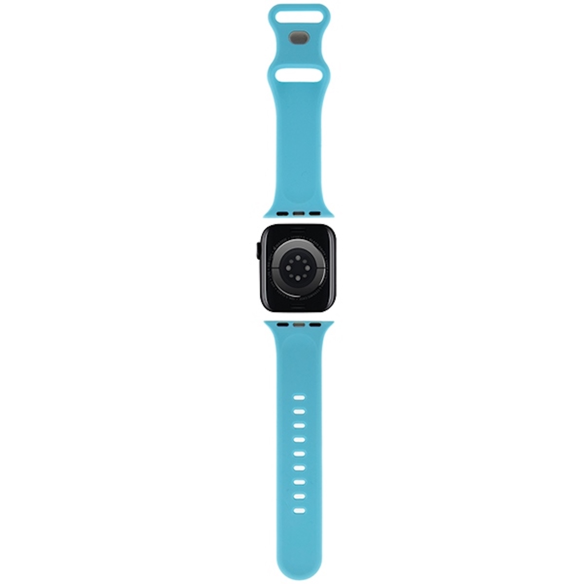 Apple Watch, schwarzes Zifferblatt, hellblaues Armband, oberer und unterer Teil getrennt.