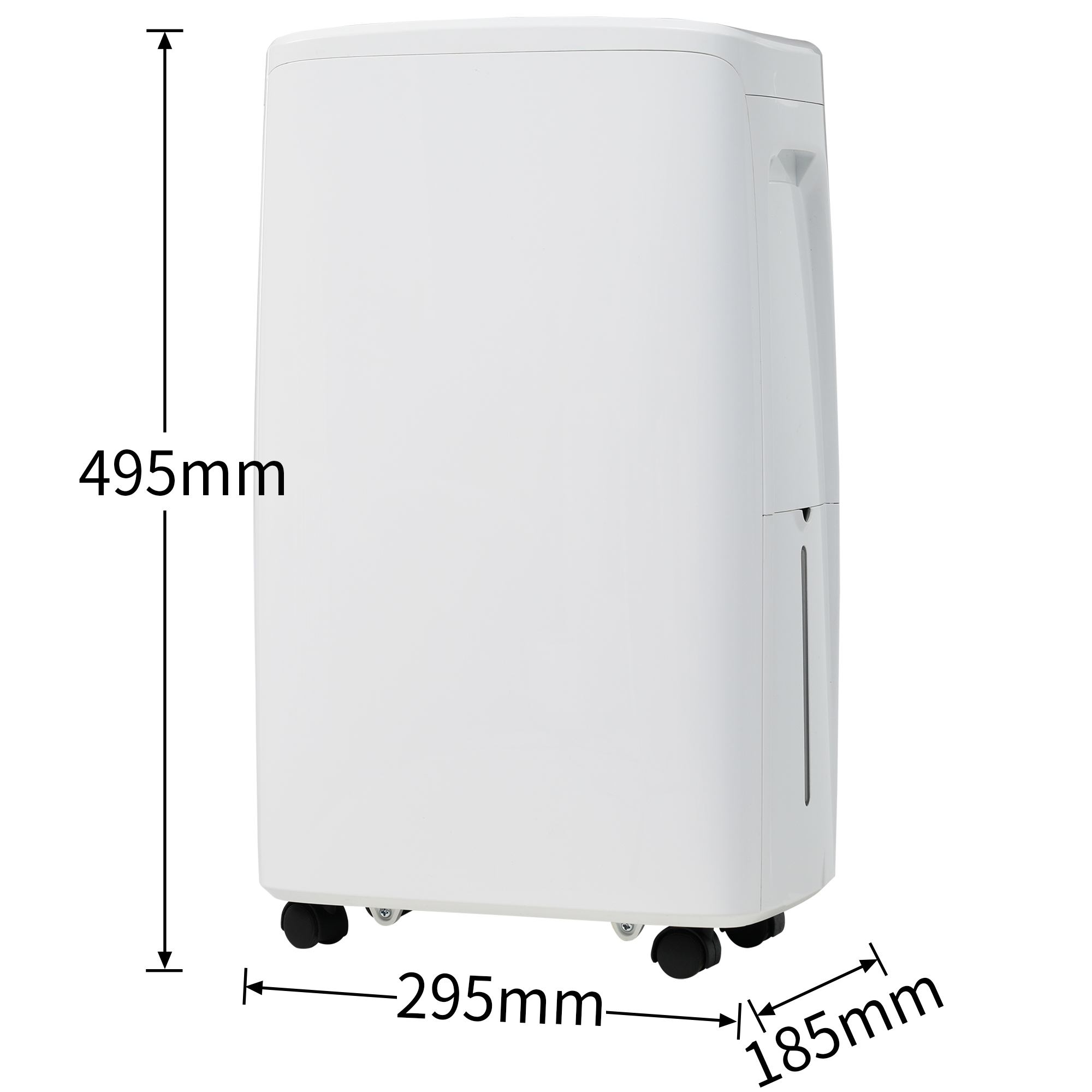 Ein weißer Luftentfeuchter mit den Abmessungen 495 mm, 295 mm und 185 mm.