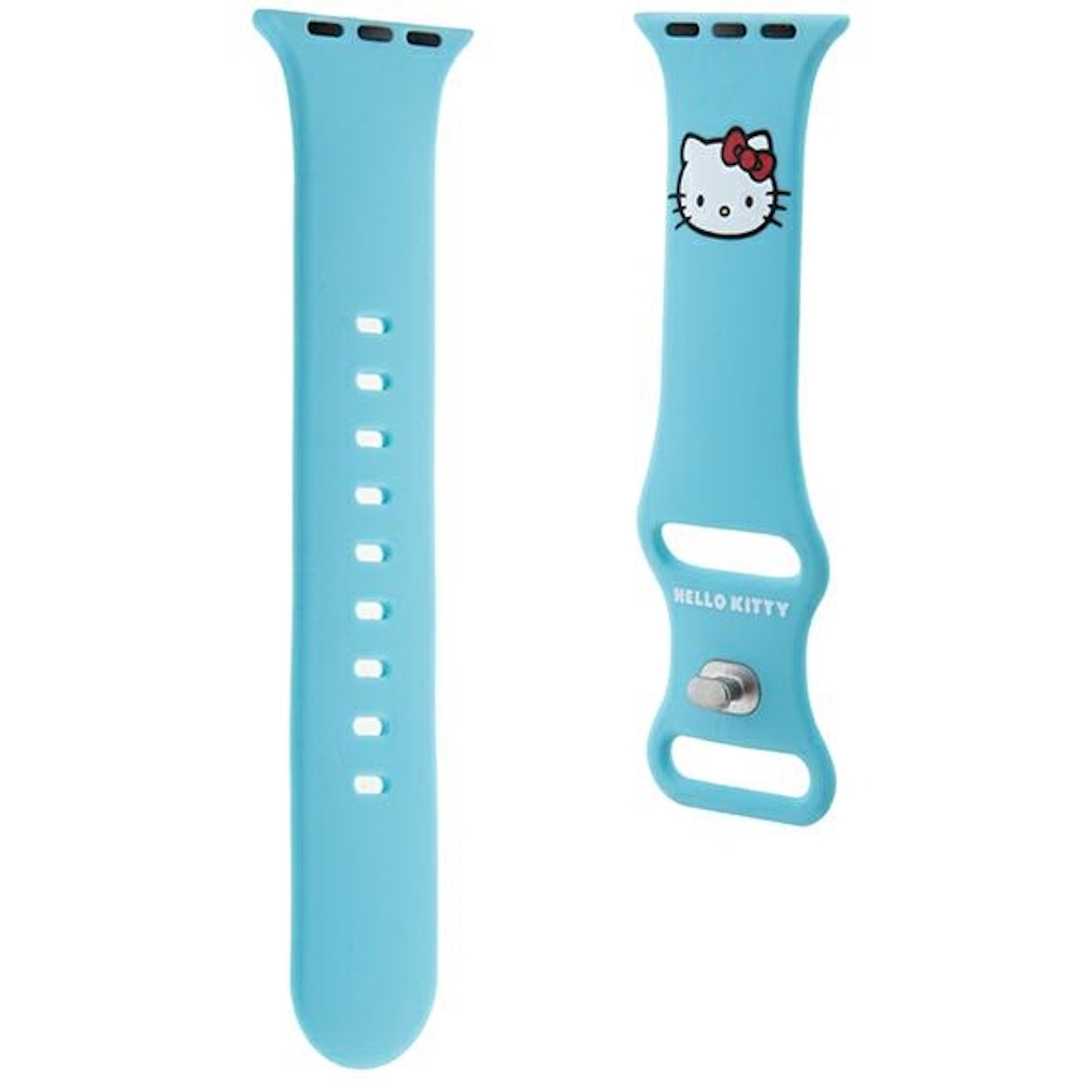 Zwei hellblaue Apple Watch-Armbänder. Eines hat ein Hello Kitty-Design.