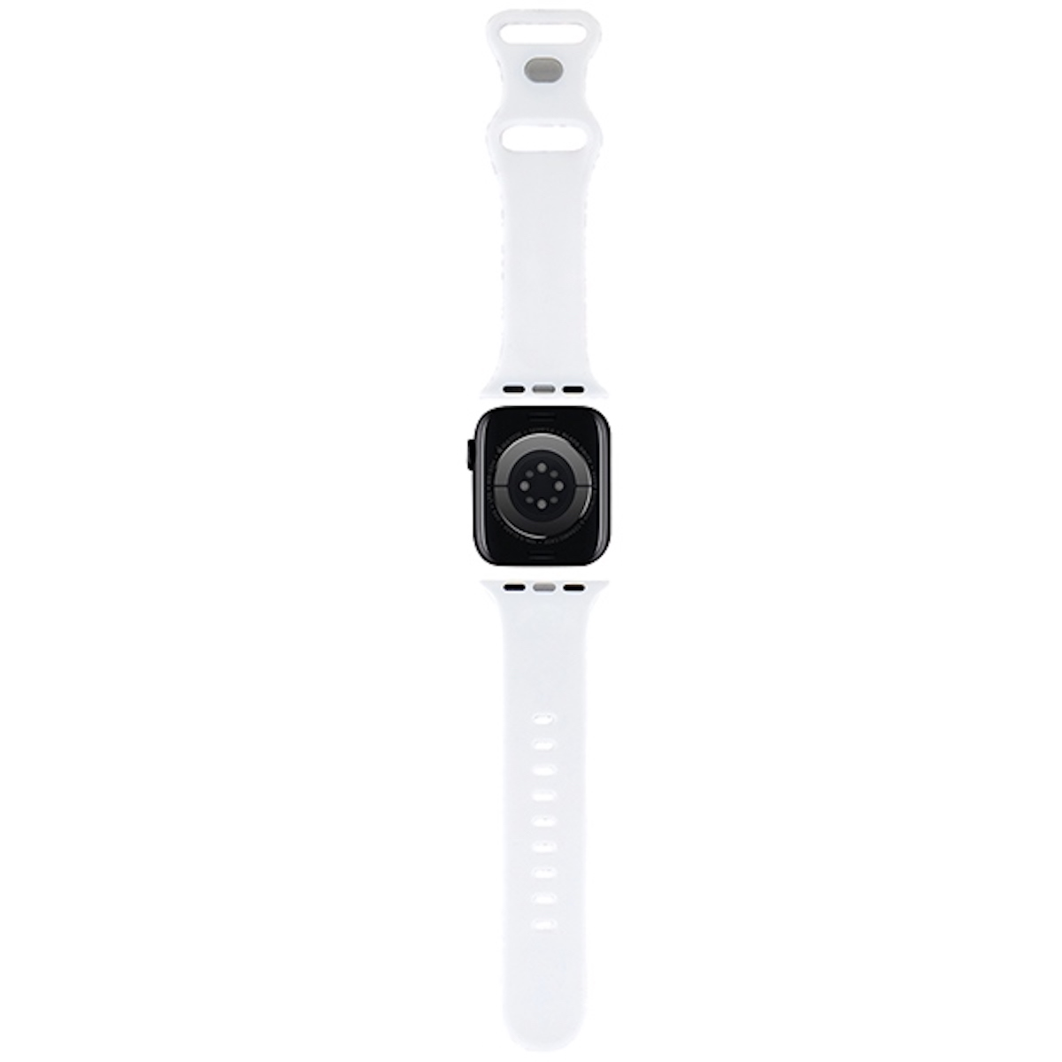 Apple Watch bianca con il retro visibile. Un cinturino bianco è attaccato all'orologio.