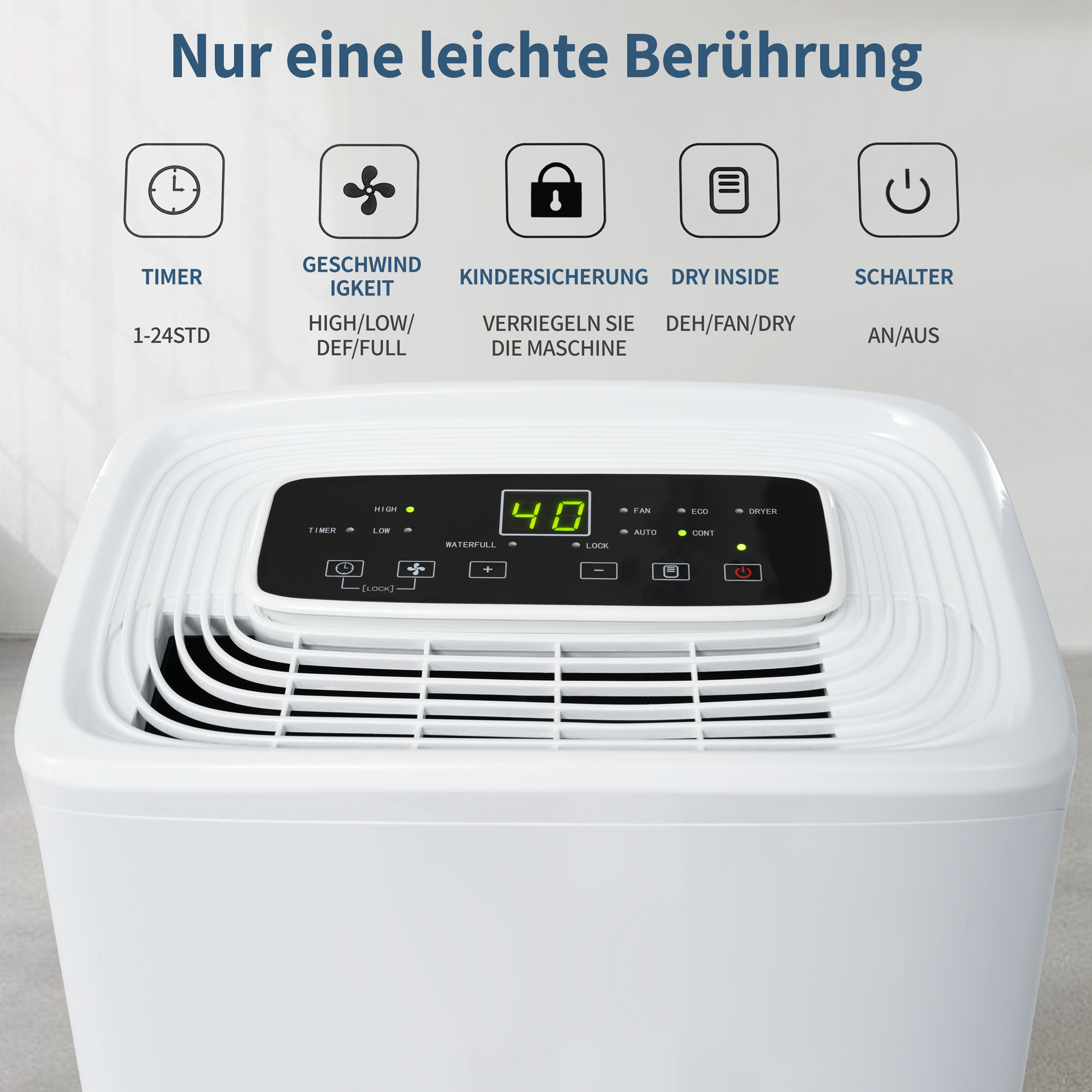 Weißer Luftentfeuchter mit Digitalanzeige, die Einstellungen und Symbole zeigt, auf weißem Hintergrund.