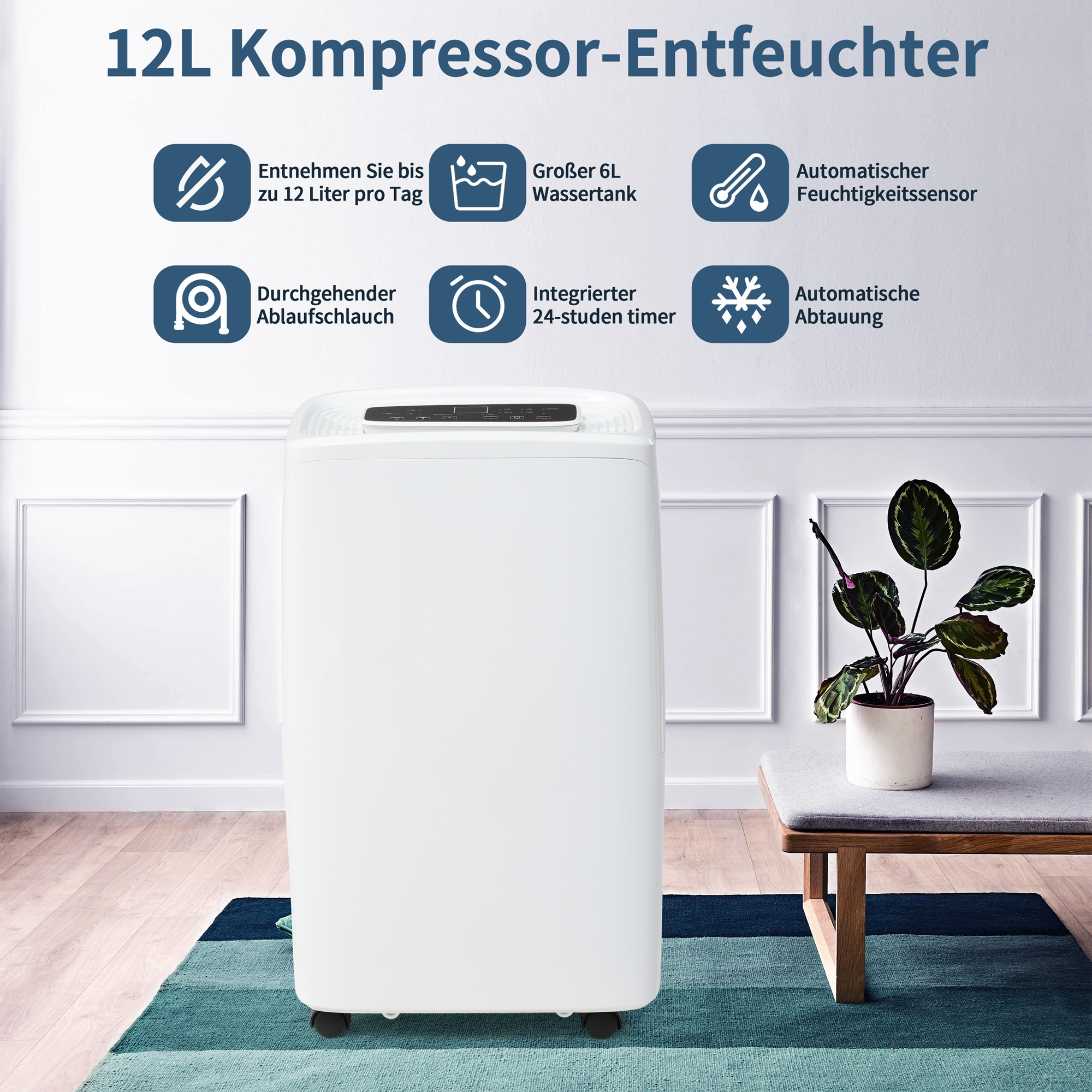 Weißer Luftentfeuchter mit Symbolen und Text. Pflanze und Bank im Hintergrund.