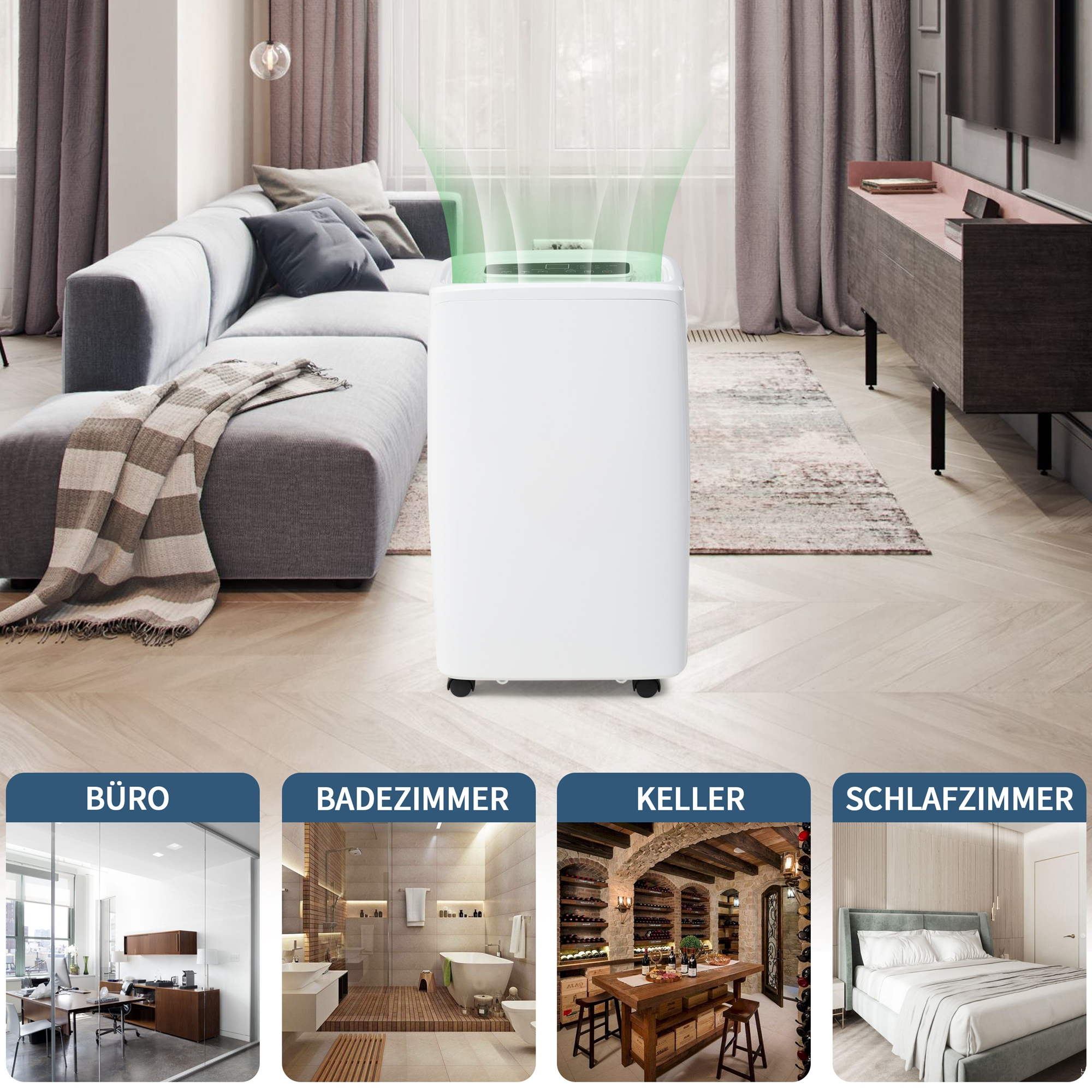 Weißer Luftreiniger in einem Wohnzimmer, mit Etiketten für verschiedene Räume.