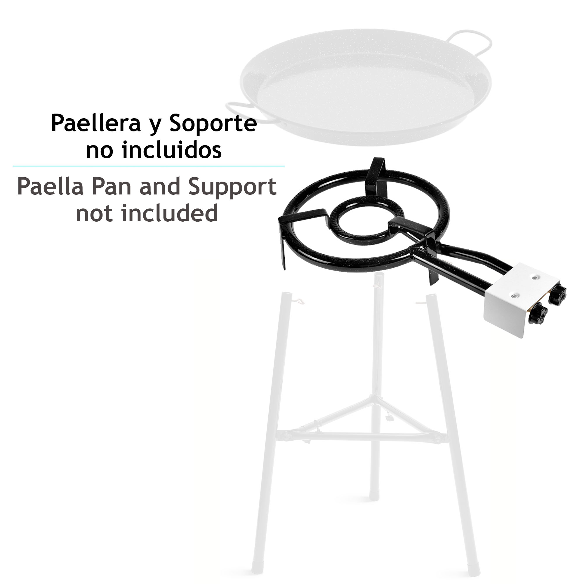 Paella-Pfanne und Brenner mit weißem Hintergrund.
