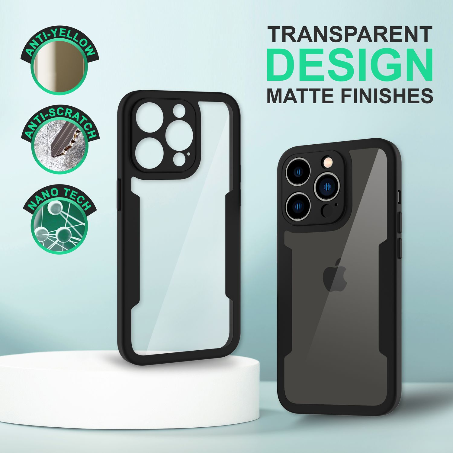 Zwei Handyhüllen, eine transparente, eine schwarze, mit Text über Anti-Gelb und Kratzschutz.