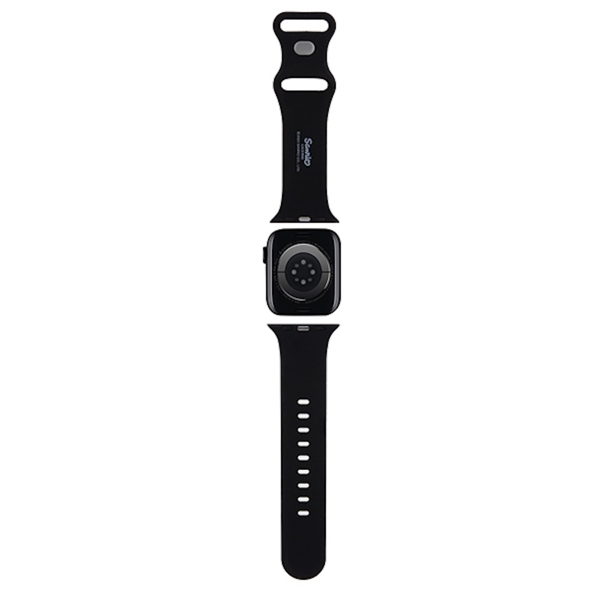 Schwarze Apple Watch mit schwarzem Armband. Das Armband ist abgenommen und zeigt die Rückseite der Uhr und die Bandteile.