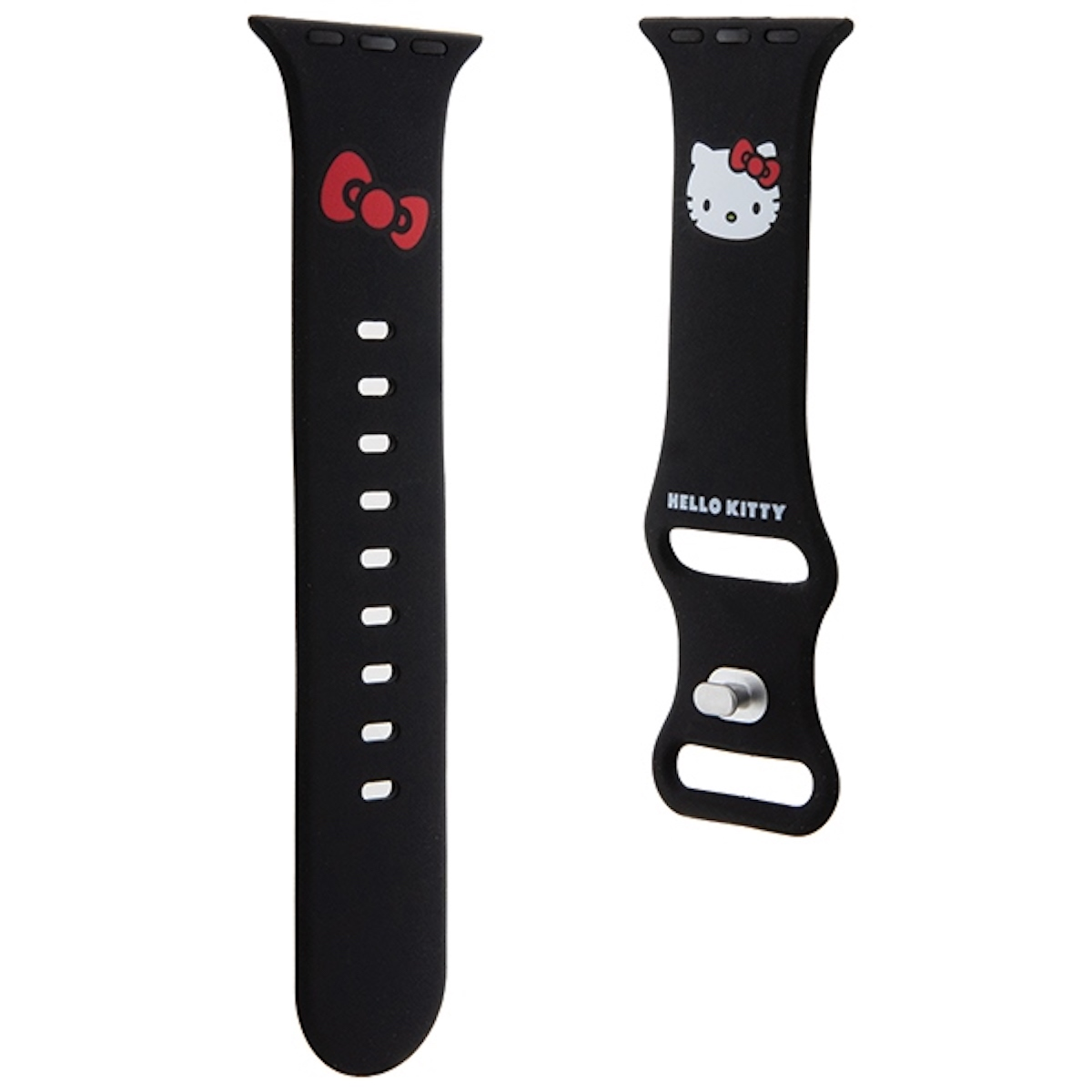 Schwarze Apple Watch-Armbänder mit roter Schleife und Hello Kitty. Eine Seite hat Löcher, die andere Hello Kitty-Text.