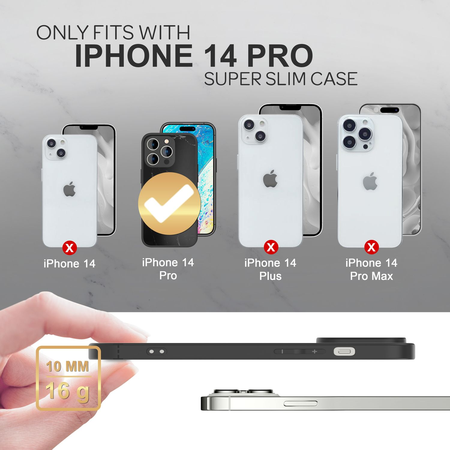 Diagramm von iPhones, das zeigt, dass nur die iPhone 14 Pro-Hülle kompatibel ist. Text sagt: "SUPER SLIM CASE".