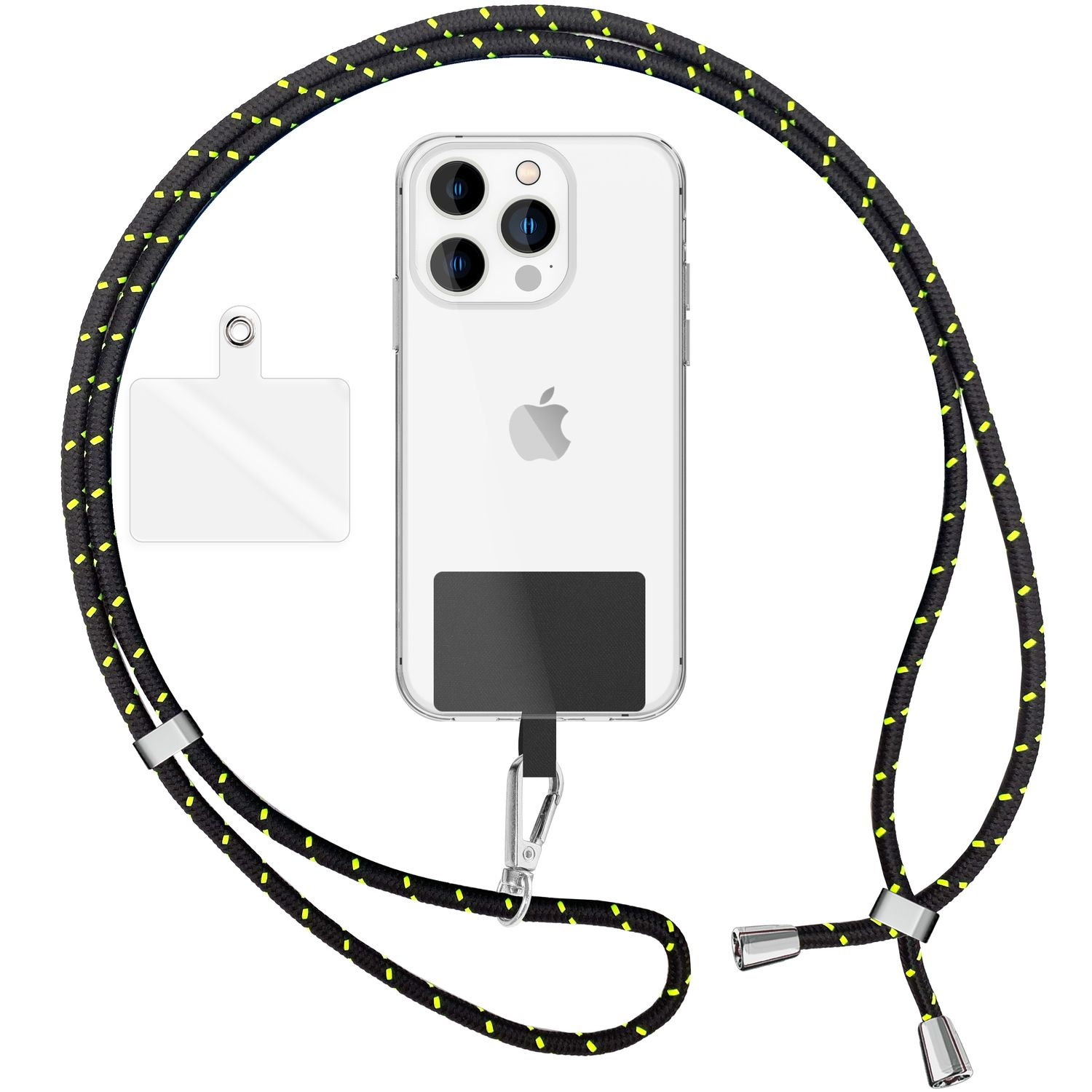 Klares Telefon mit Lanyard. Das Lanyard hat ein schwarz-gelbes Muster.