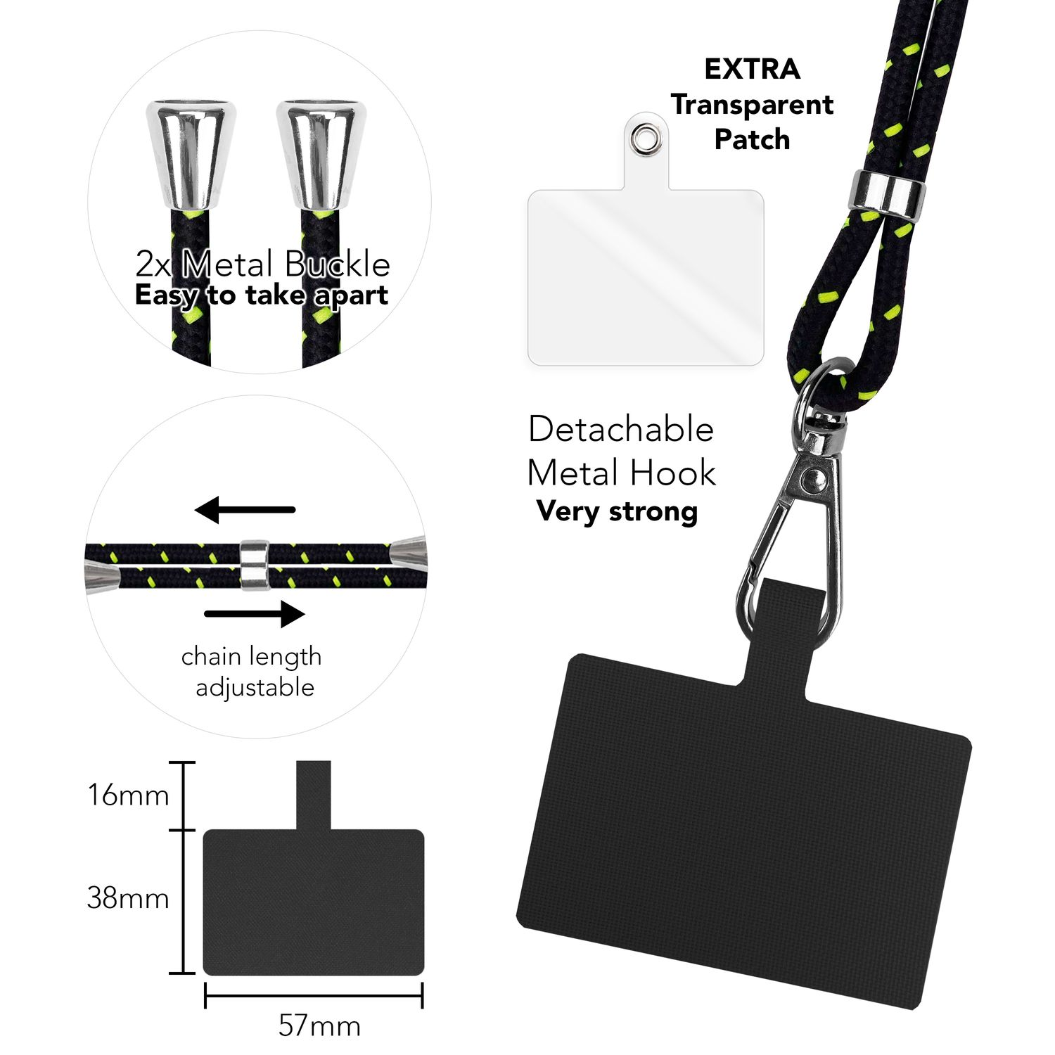 Nahaufnahme der Details eines Telefon-Lanyards: Metallschnallen, verstellbare Kette und Metallhaken. Schwarz und gelb.