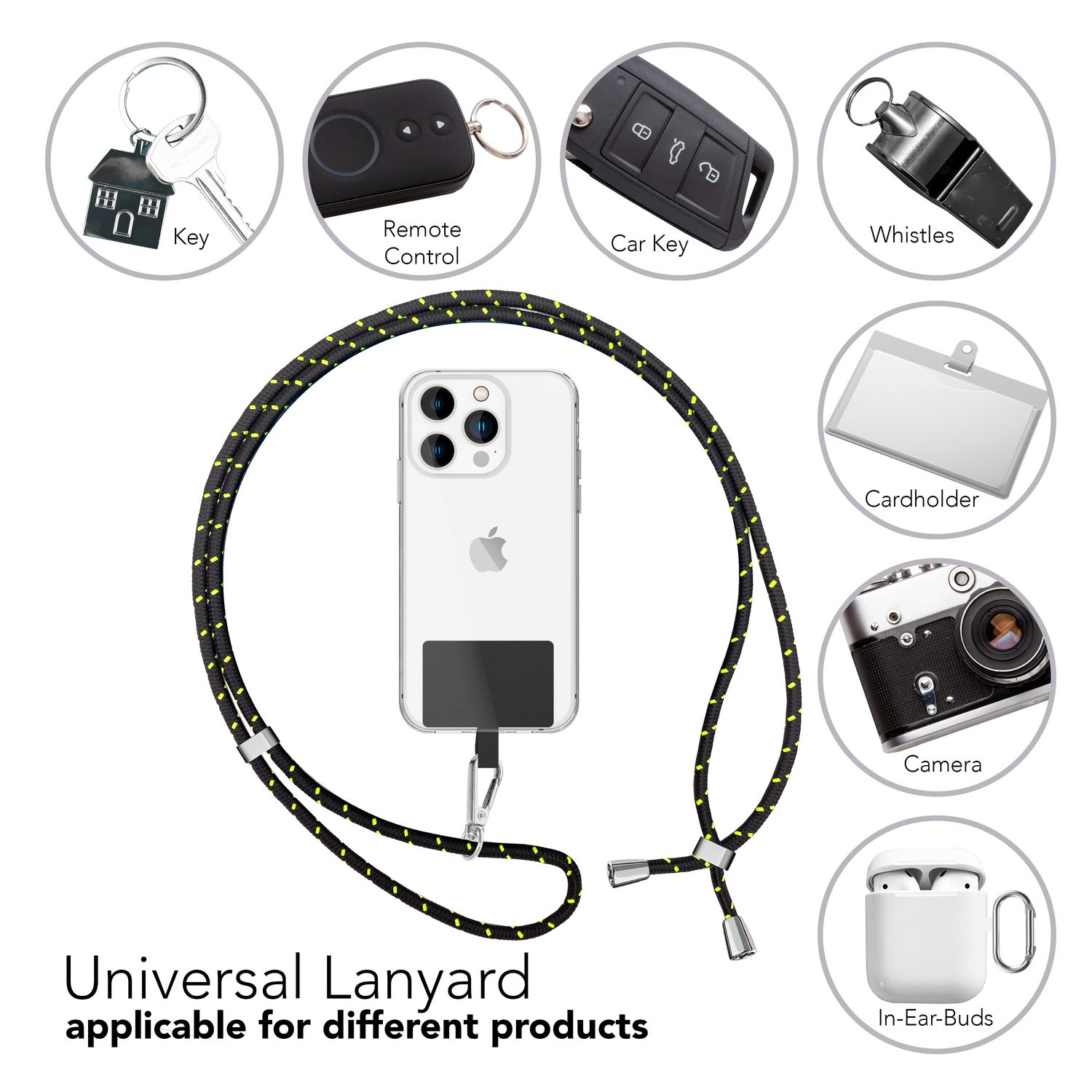 Ein Telefon mit Schlüsselband, dazu Schlüssel, Fernbedienung, Autoschlüssel, Pfeife, Kartenhalter, Kamera und Ohrhörer.