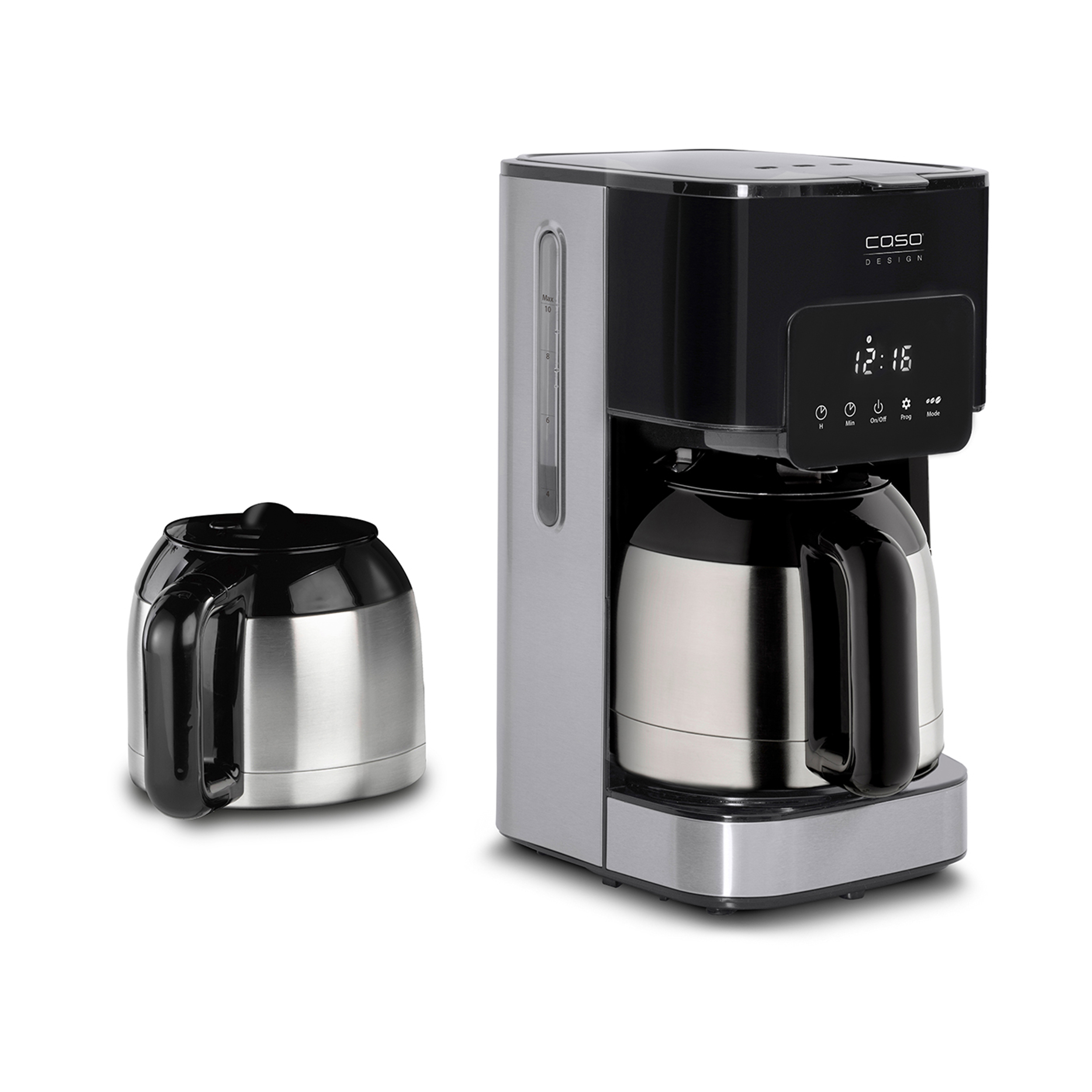 Kaffeemaschine mit silbernem und schwarzem Design, mit separater Kaffeekanne.