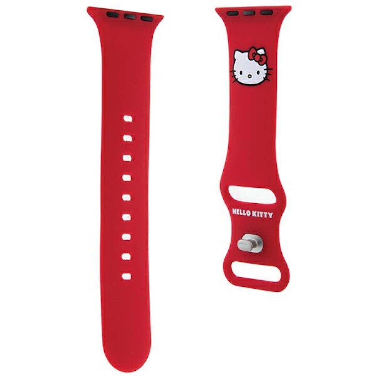 Bracelets de montre Hello Kitty rouges. Un bracelet a Hello Kitty dessus. Fond blanc.