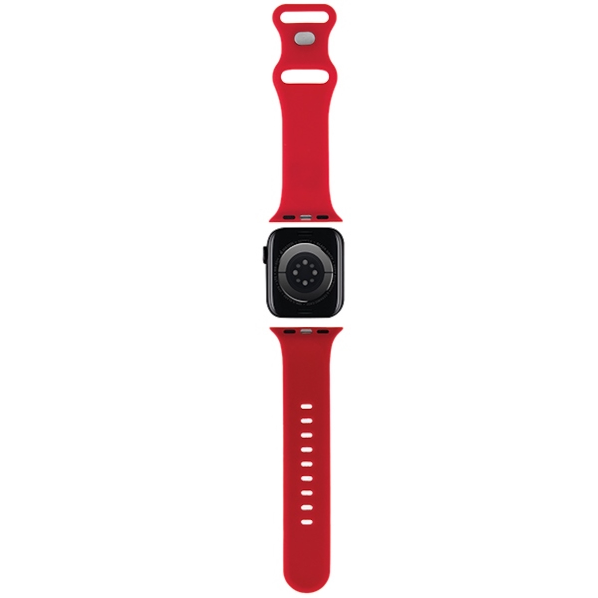 Bracelet rouge Apple Watch, séparé en deux parties, montre noire au milieu.
