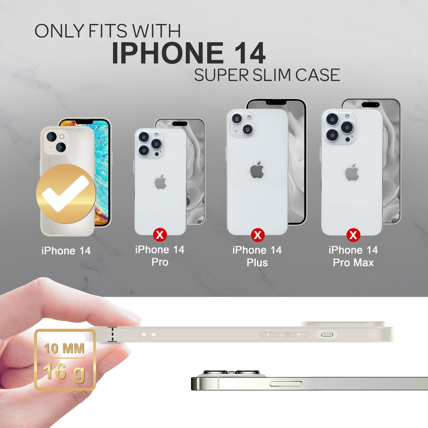 iPhone 14 Vergleich. Nur iPhone 14 passt in eine Hülle. Hand hält Hülle, Abmessungen.