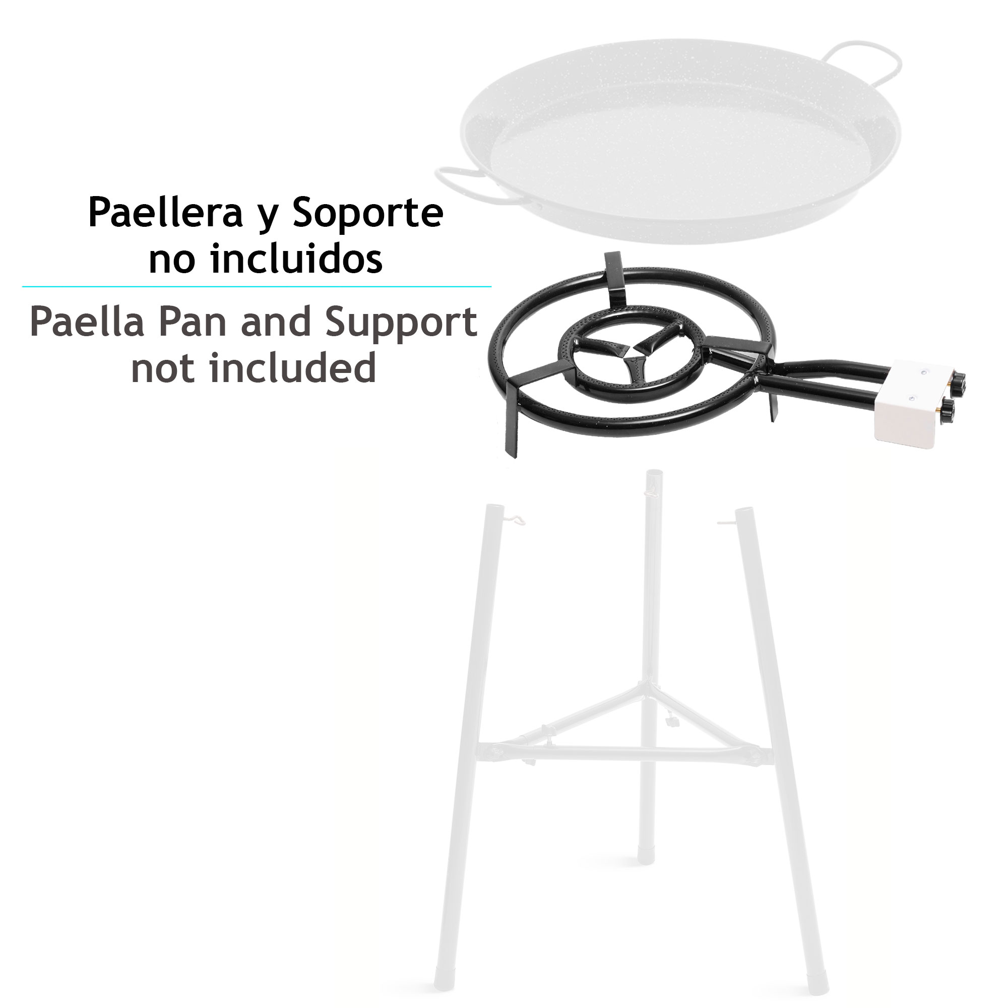 Eine Paella-Pfanne und -Stütze werden gezeigt. Text: Paellera y Soporte no incluidos. Paella-Pfanne und Stütze nicht enthalten.