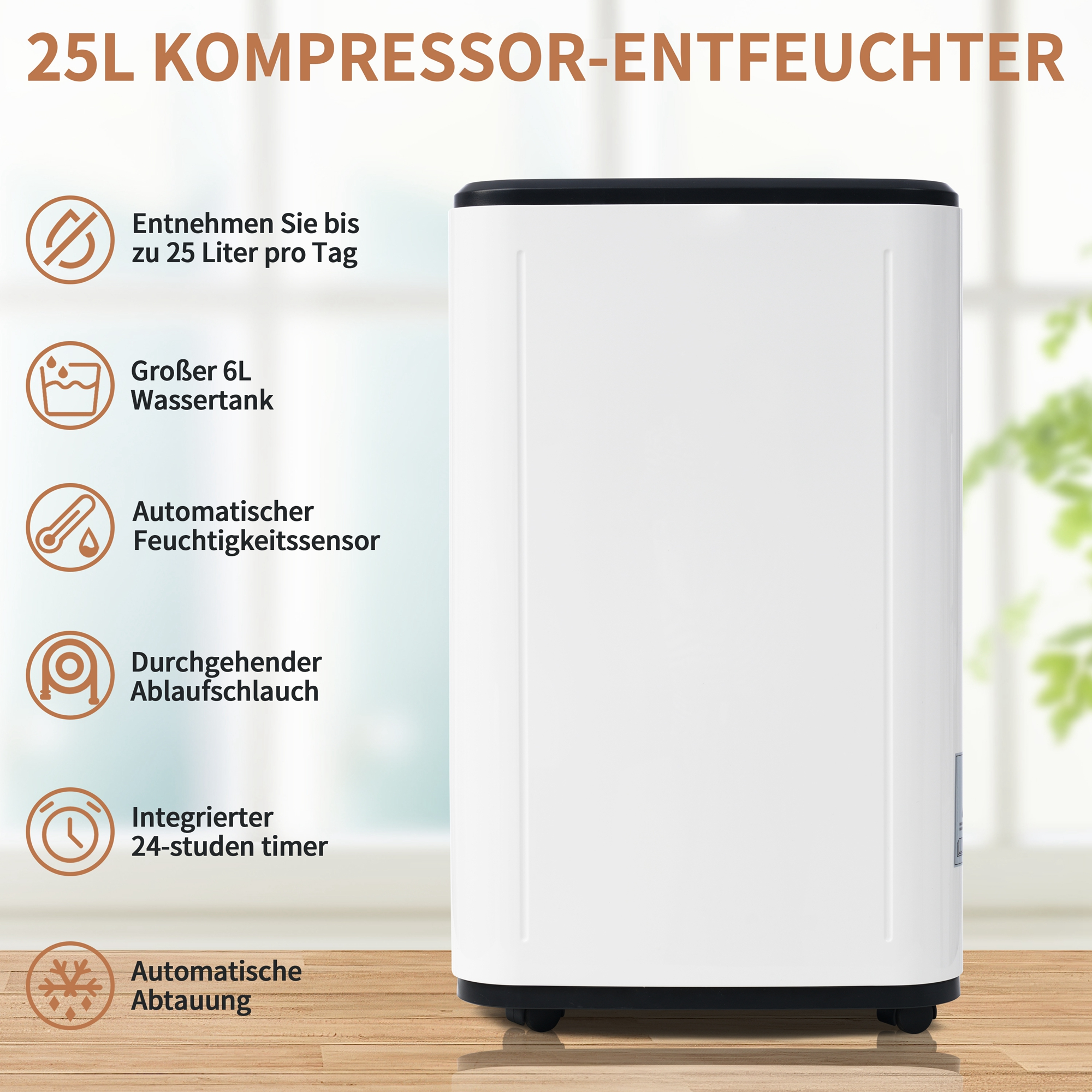 Weißer Luftentfeuchter mit Text und Symbolen. Weiße Farbe, Symbole und ein schwarzer Deckel. Informationen und Symbole sind vorhanden.