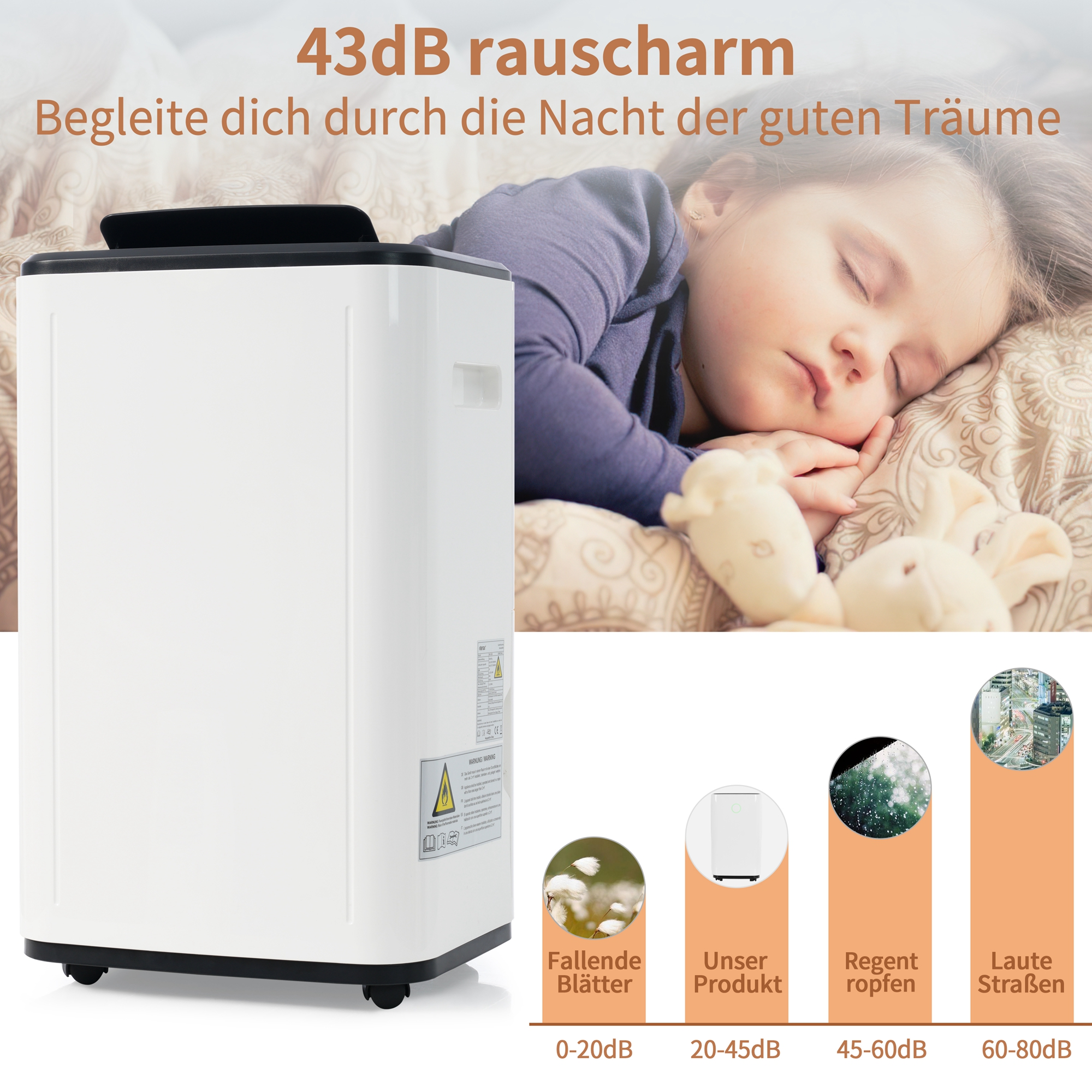 Ein schlafendes Kind in der Nähe eines weißen Luftbefeuchters. Text auf dem Bild zeigt Schallpegel und Blattillustrationen.