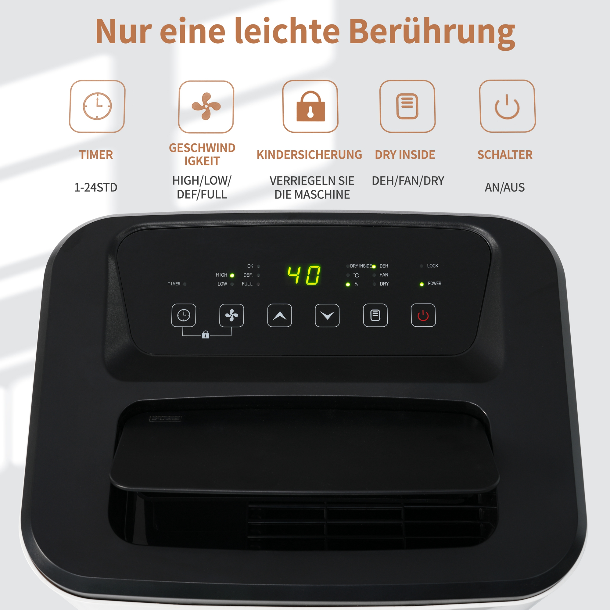 Schwarz-weißes Luftentfeuchter-Bedienfeld. Zahlen zeigen 40. Text: Timer, Geschwindigkeit, Sperre, Trocken innen.