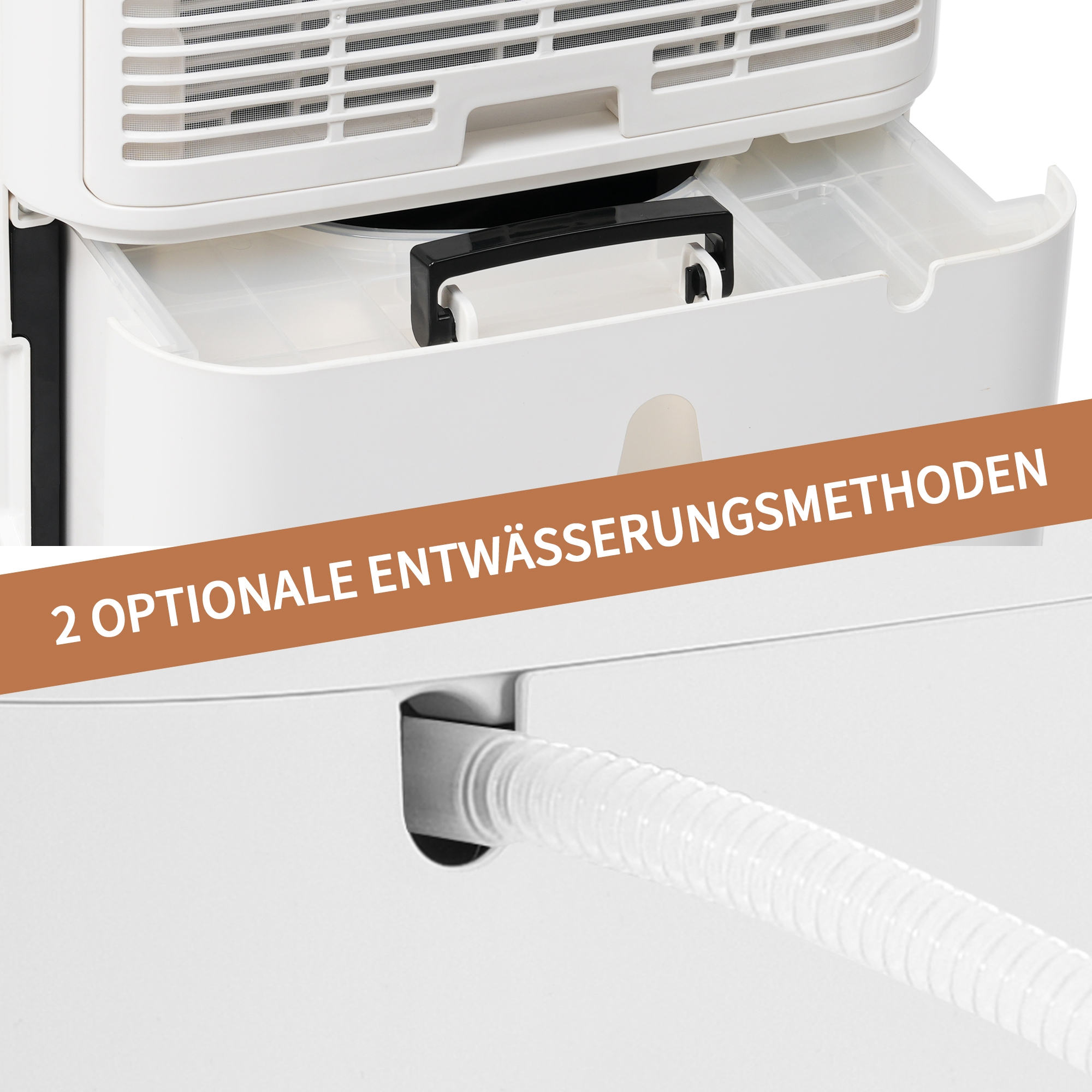 Nahaufnahme eines Luftentfeuchters mit zwei optionalen Entwässerungsmethoden. Weißes Äußeres und ein Schlauch sichtbar.