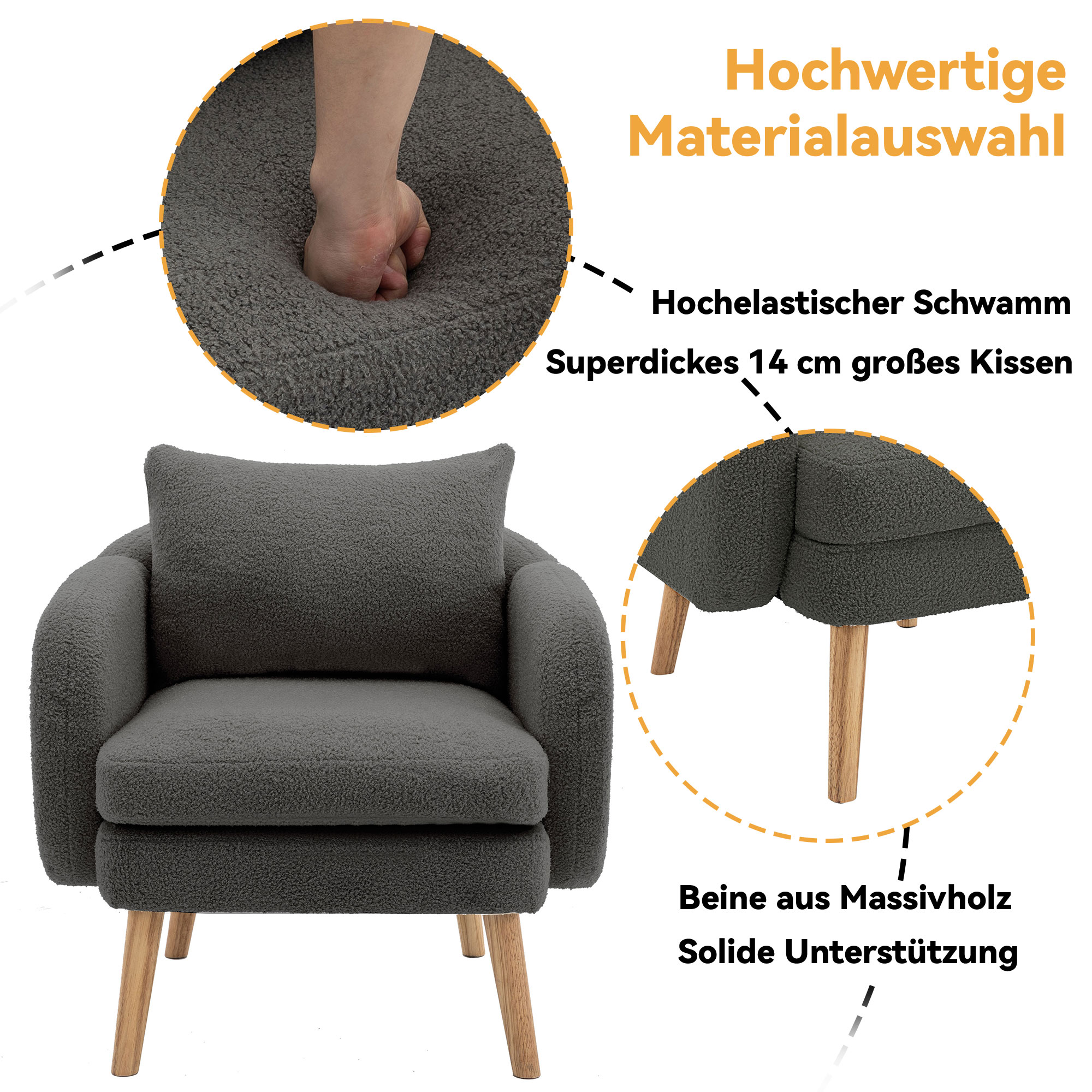 Nahaufnahme eines grauen Sessels mit Holzbeinen und einem Kissen, mit Textbeschriftungen.