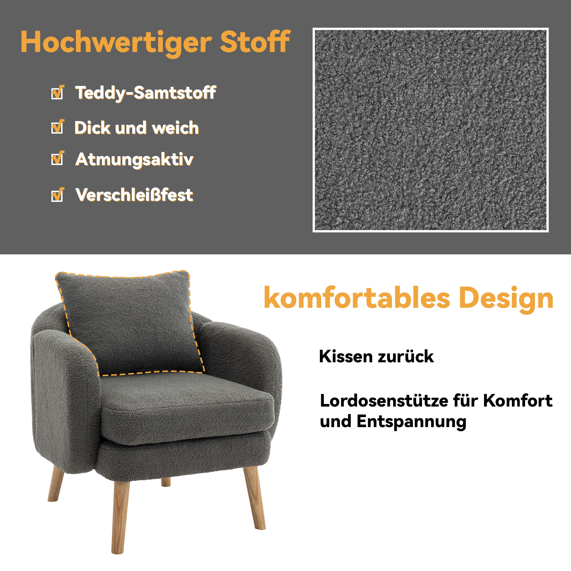 Ein grauer Sessel mit Kissen, vor einem Hintergrund mit Text über Stoff und Design.