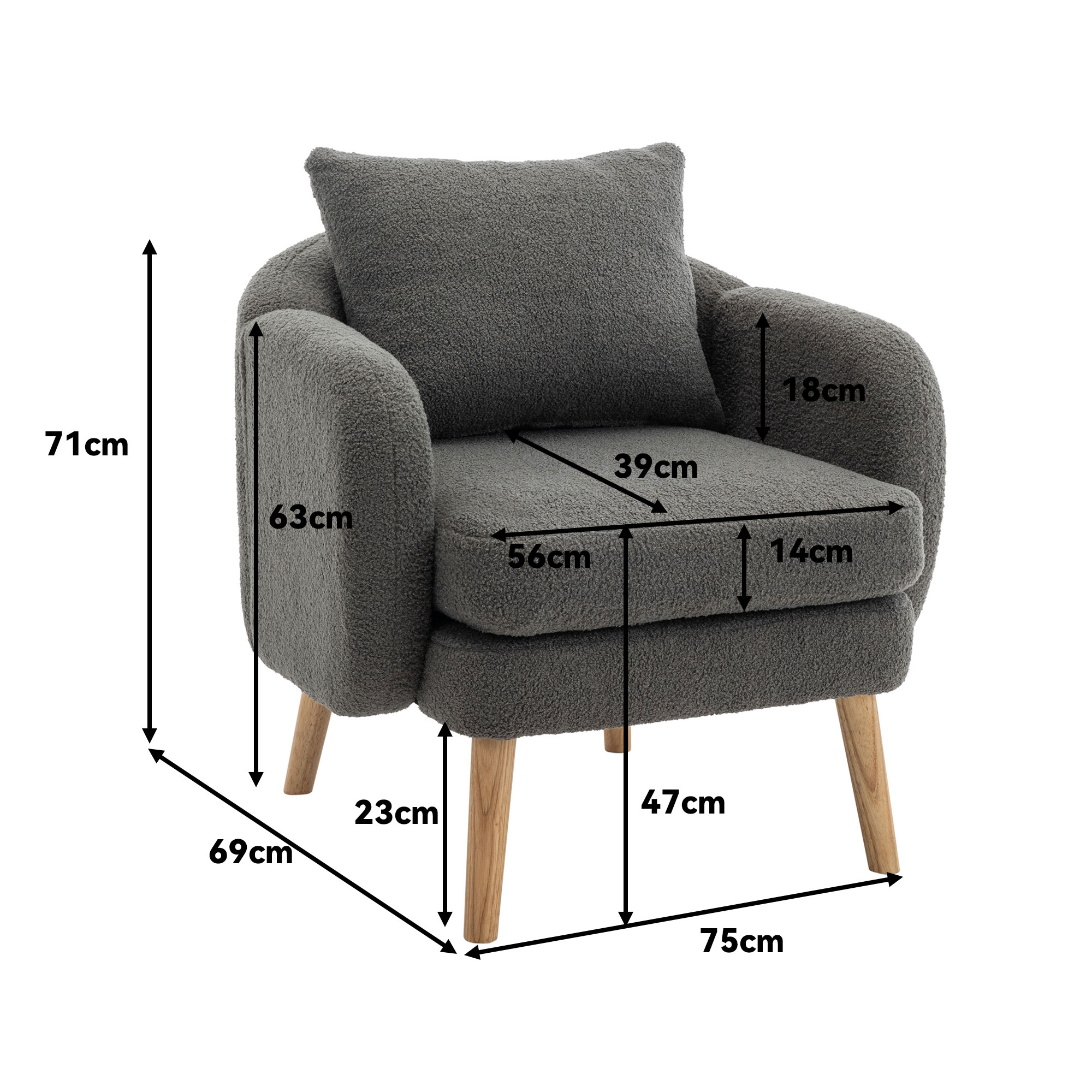 Grauer Sessel mit Maßangaben: Höhe 71cm, Breite 75cm, Tiefe 69cm. Inklusive Kissen.