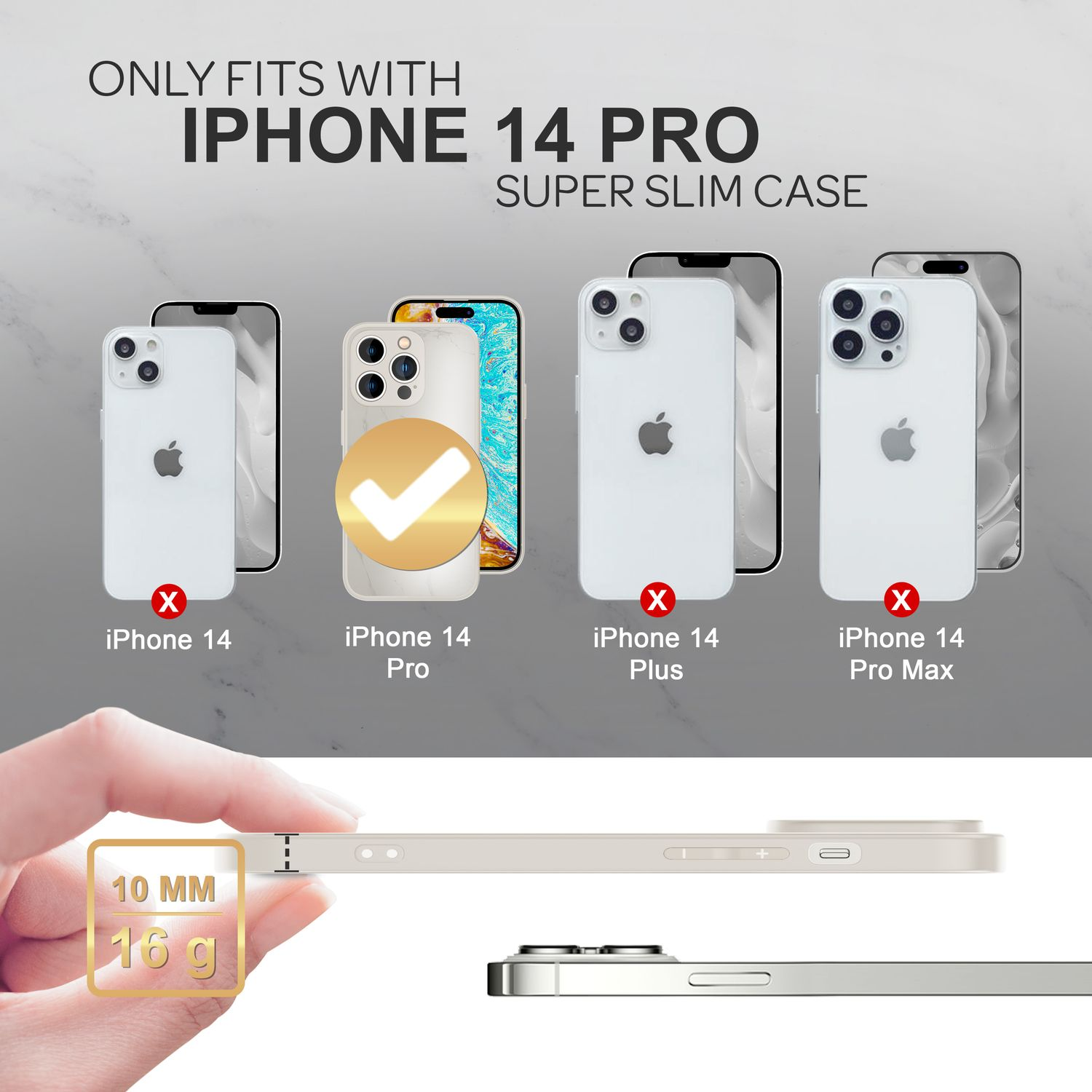 Vergleich von iPhone 14 Pro und anderen iPhone-Modellen, mit einer Hand, die eine Hülle hält. Text: iPhone 14 Pro Super Slim.