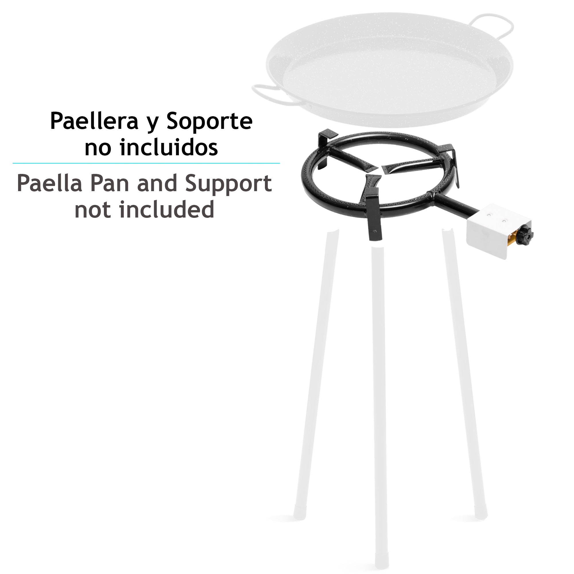 Paella-Pfannenständer und eine Paella-Pfanne. Der Ständer ist schwarz mit weißen Beinen. Die Pfanne ist silber.