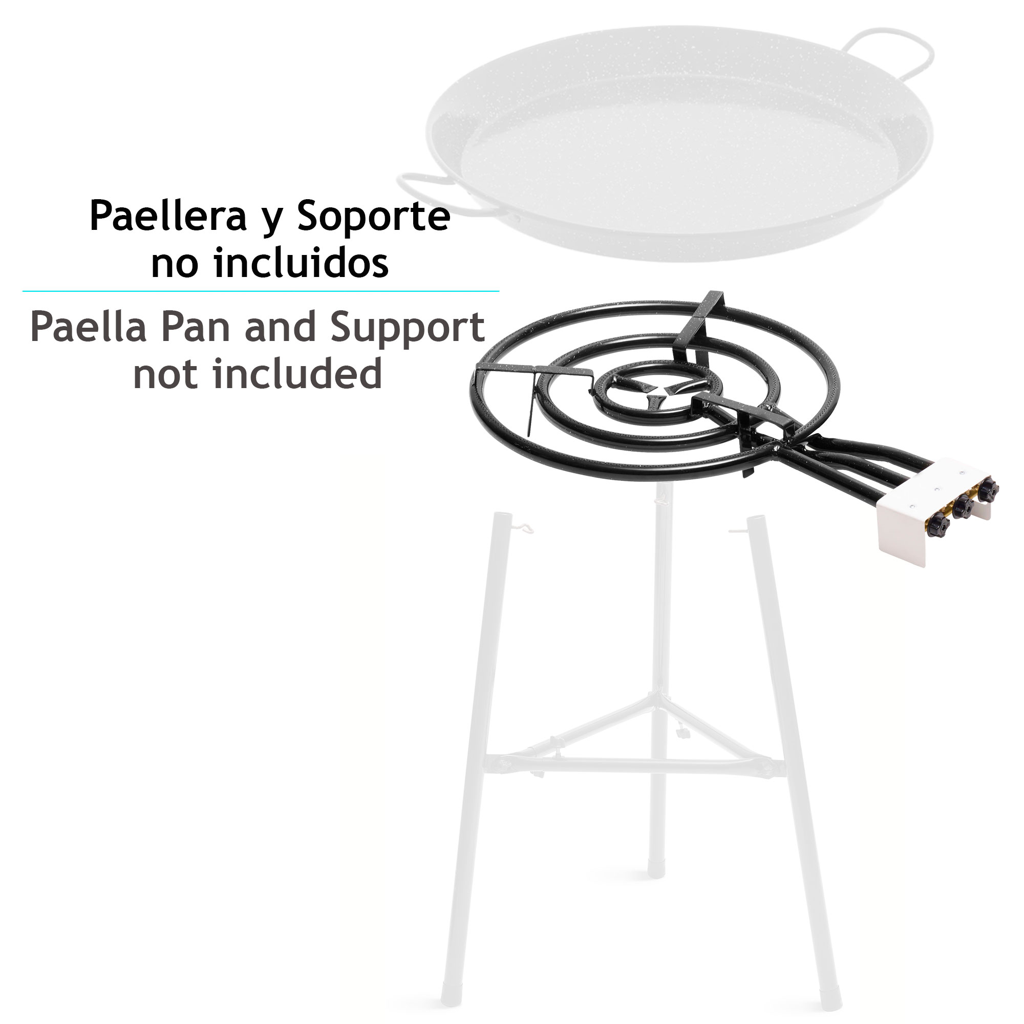 Paella-Pfanne und Brenner. Die Pfanne befindet sich über dem Brenner und Ständer. Weißer Hintergrund.