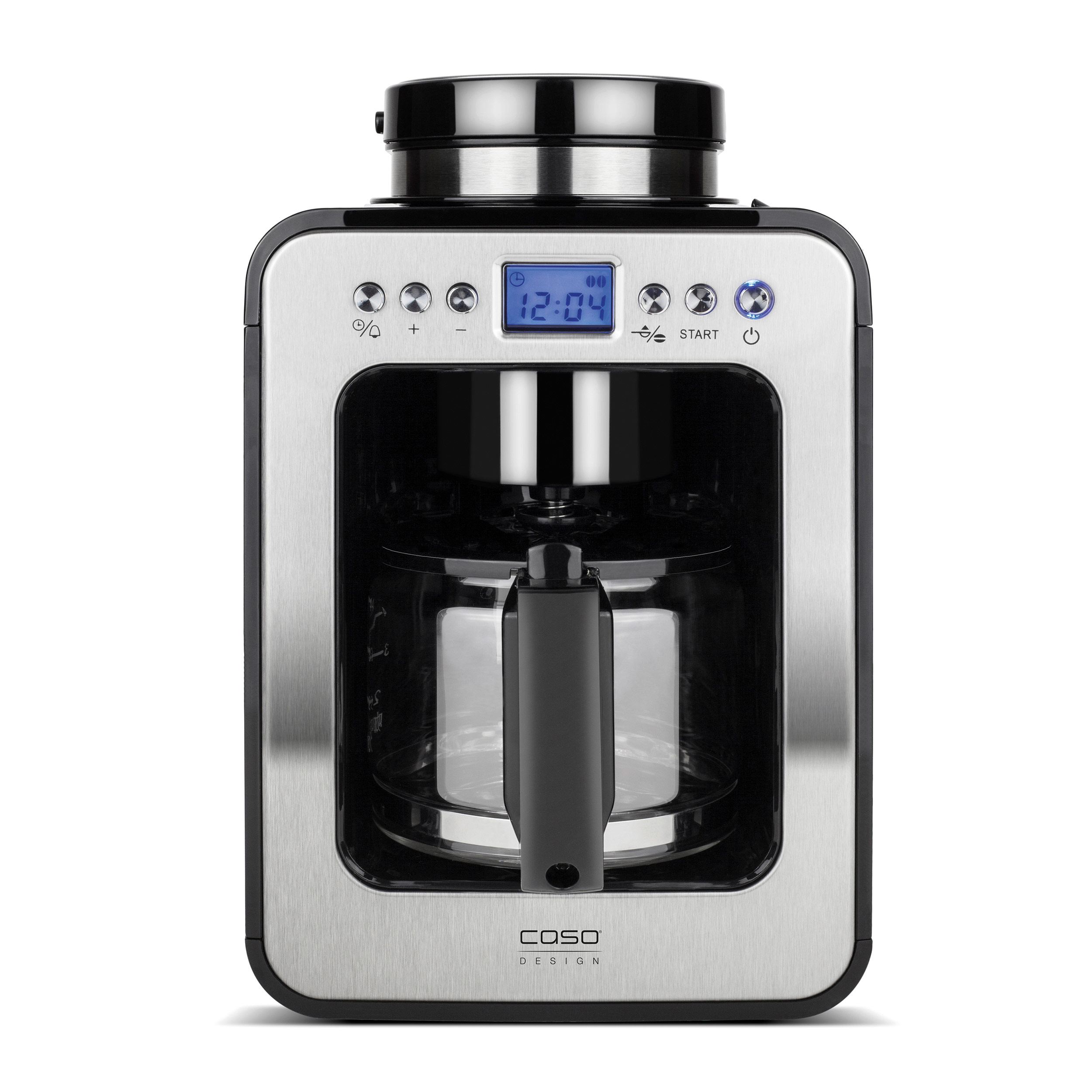 Cafetera de acero inoxidable con pantalla digital que muestra la hora. Base negra.