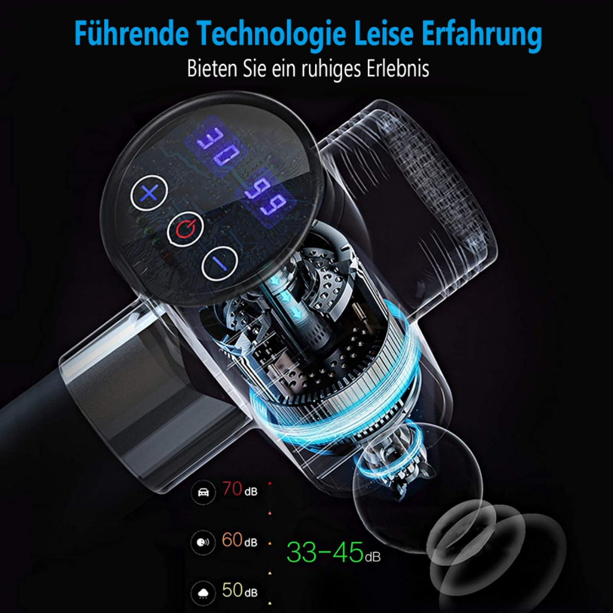 Bild einer Massagepistole mit Display. Display zeigt Zahlen und Knöpfe.