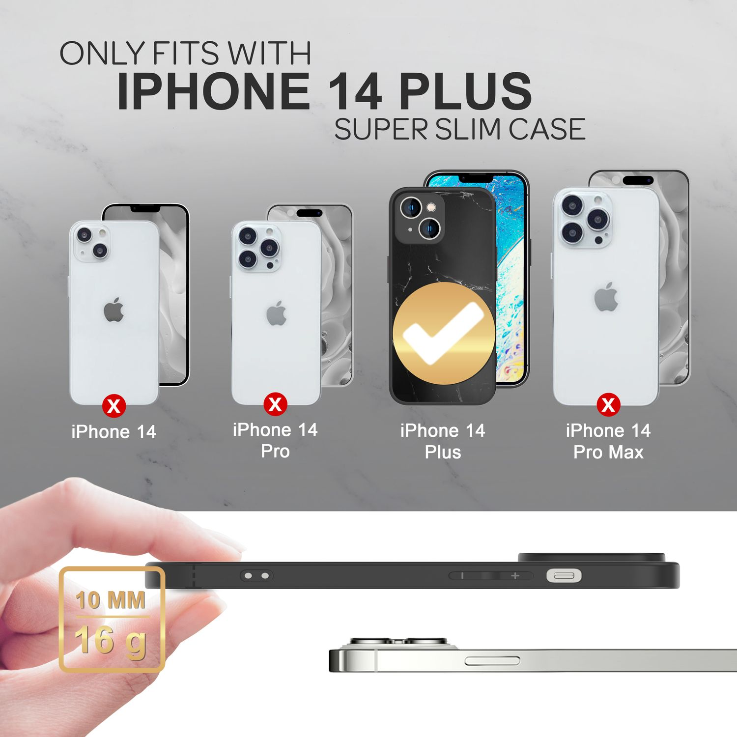 Bild zeigt eine iPhone-Hülle. Es steht: Nur passend für iPhone 14 Plus. Andere Modelle sind durchgestrichen.