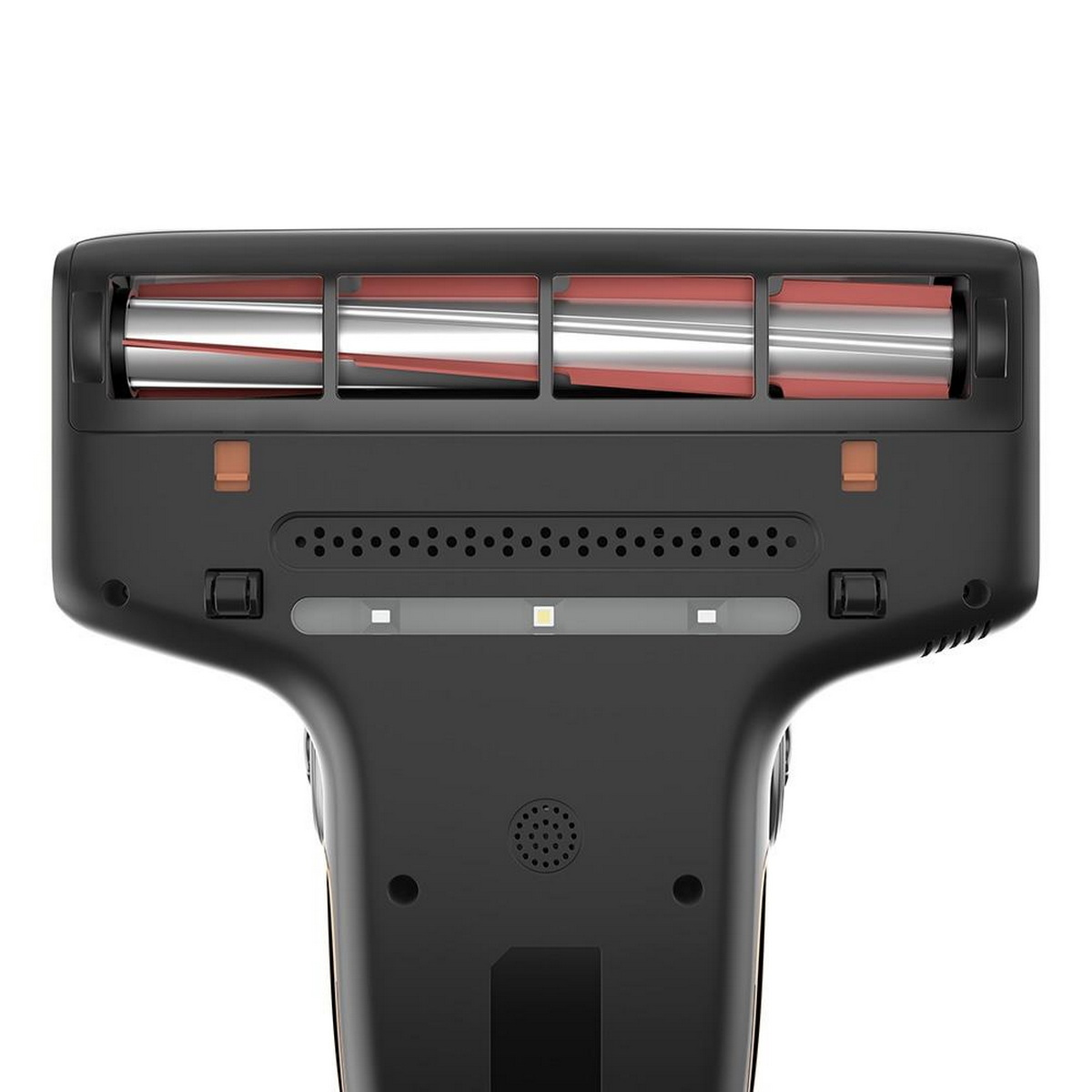 Zbliżenie na spód czarnej głowicy odkurzacza.