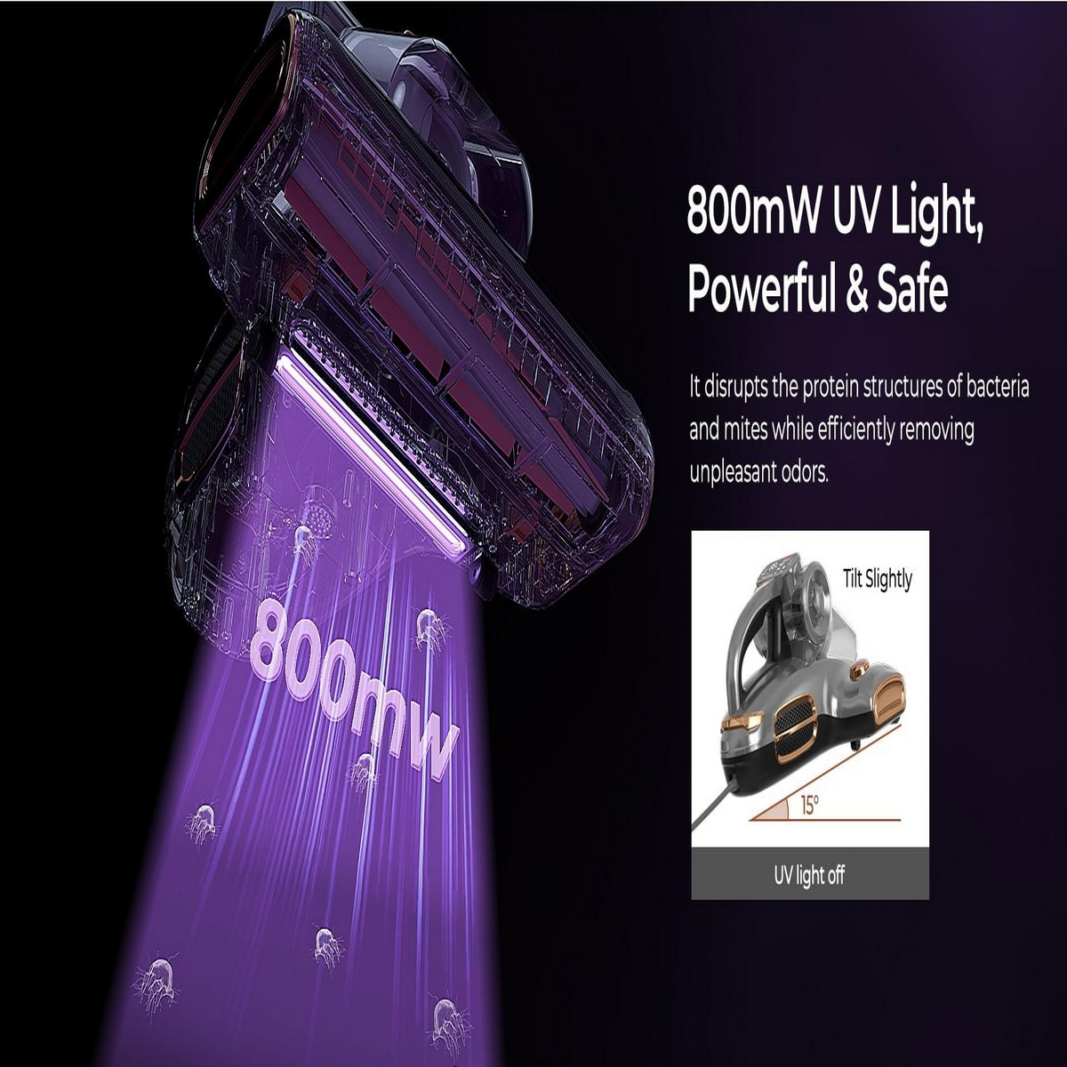 Ein Gerät, das violettes Licht mit dem Text '800mW' aussendet. Zeigt die Wirkung auf Bakterien.